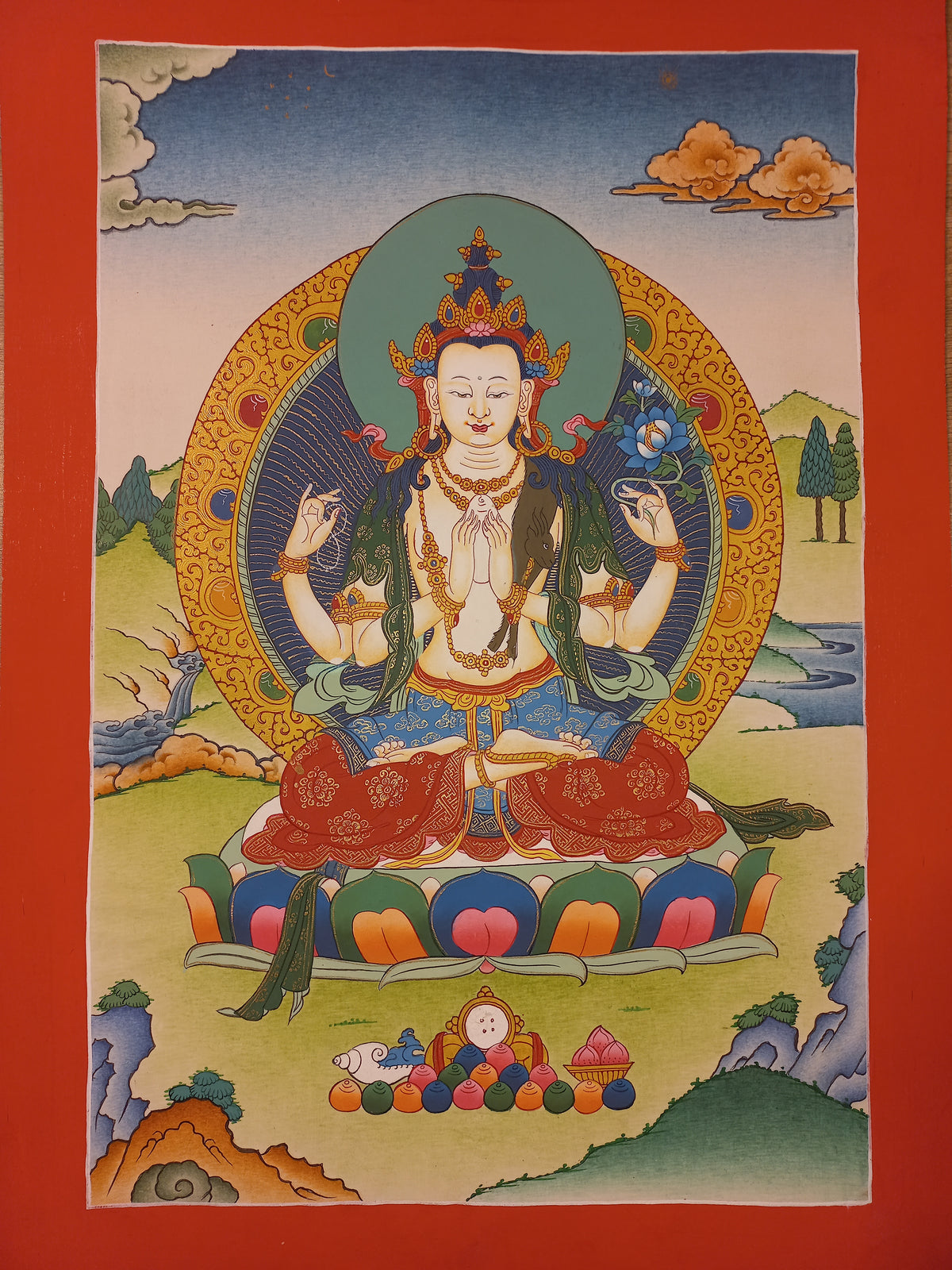 Chenrezig Thangka – Hand-Painted Tibetan Buddhist Art | Meditation & Protection Wall Decor