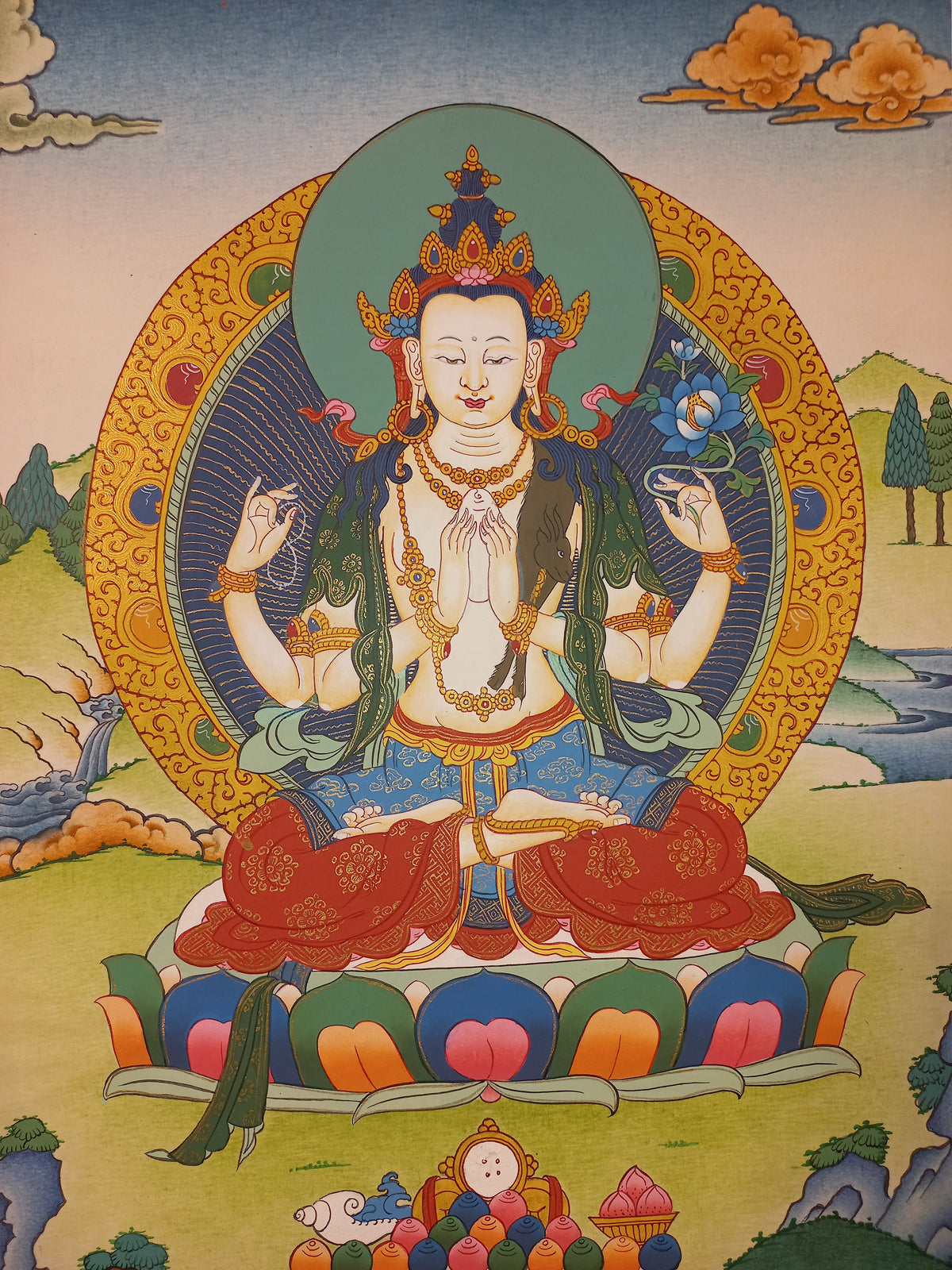 Chenrezig Thangka – Hand-Painted Tibetan Buddhist Art | Meditation & Protection Wall Decor
