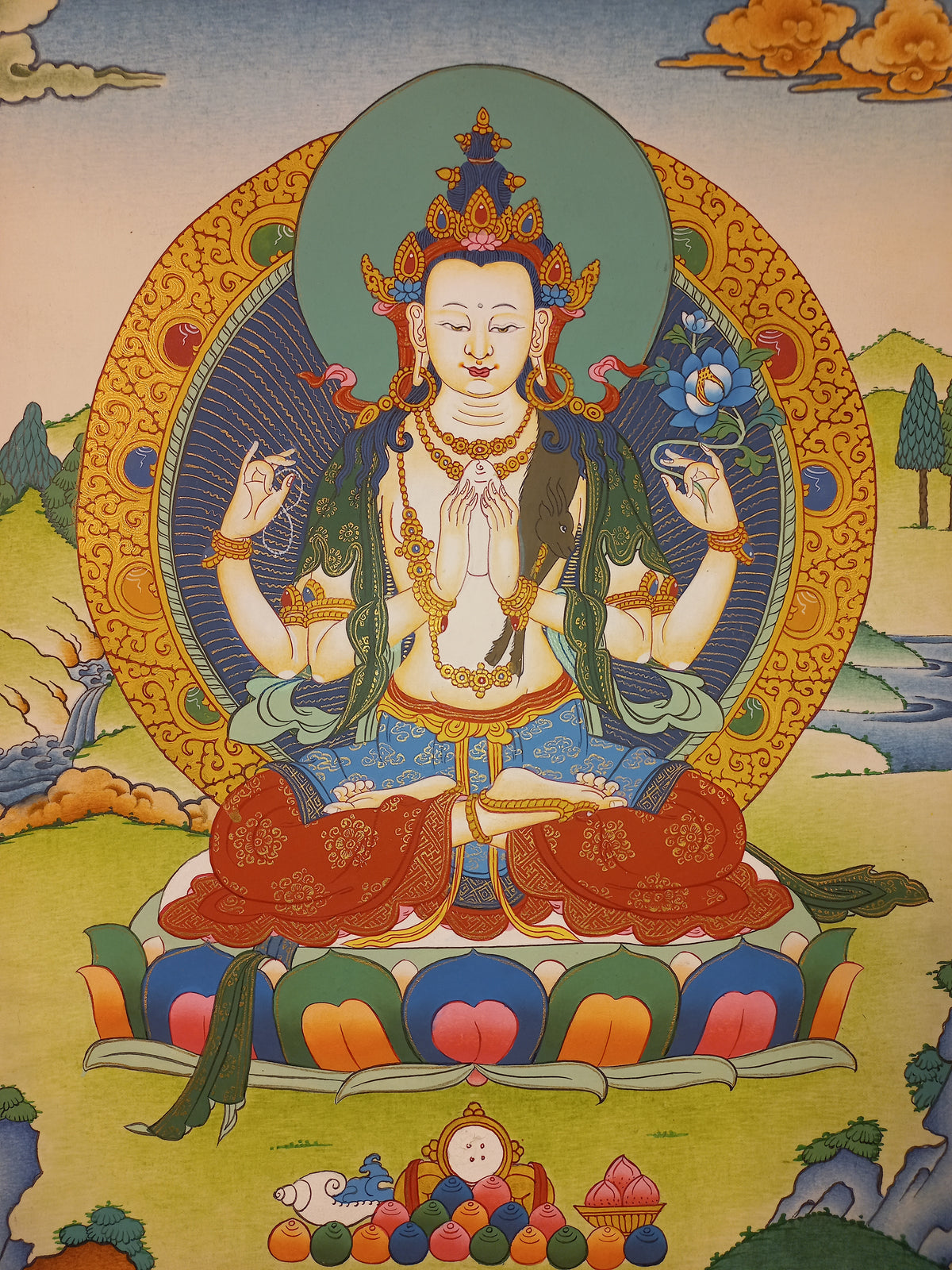 Chenrezig Thangka – Hand-Painted Tibetan Buddhist Art | Meditation & Protection Wall Decor