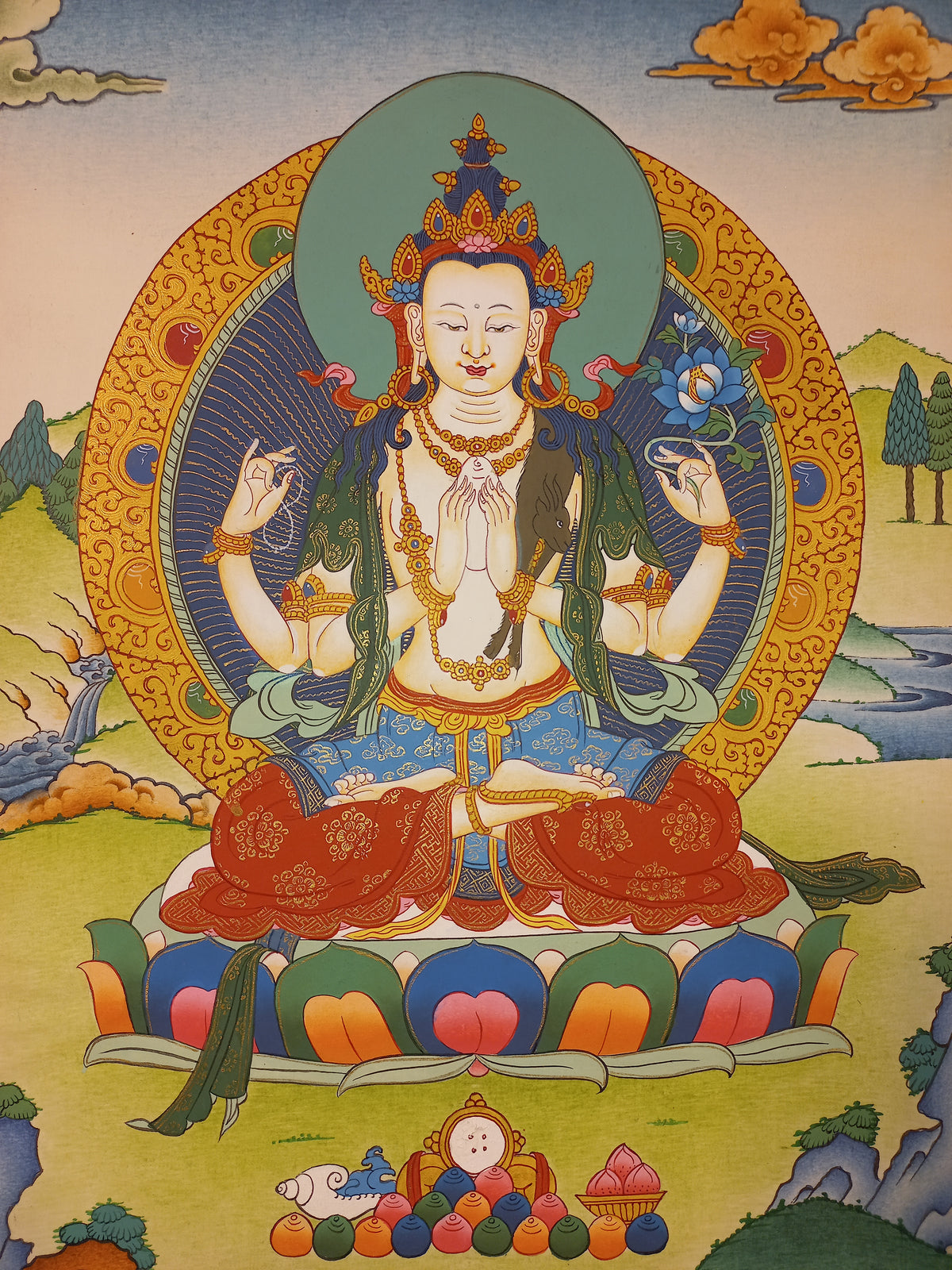 Chenrezig Thangka – Hand-Painted Tibetan Buddhist Art | Meditation & Protection Wall Decor