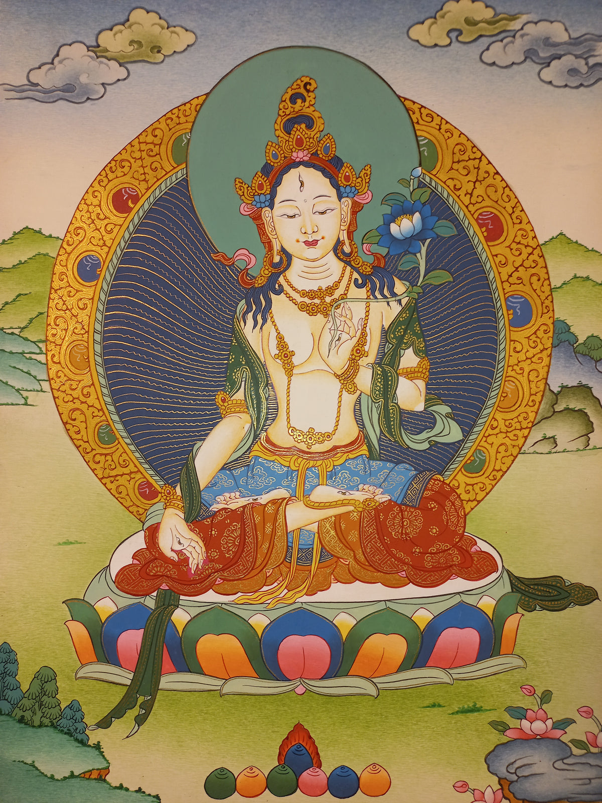 White Tara Thangka – Hand-Painted Tibetan Buddhist Art | Compassion, Longevity & Peace Wall Decor