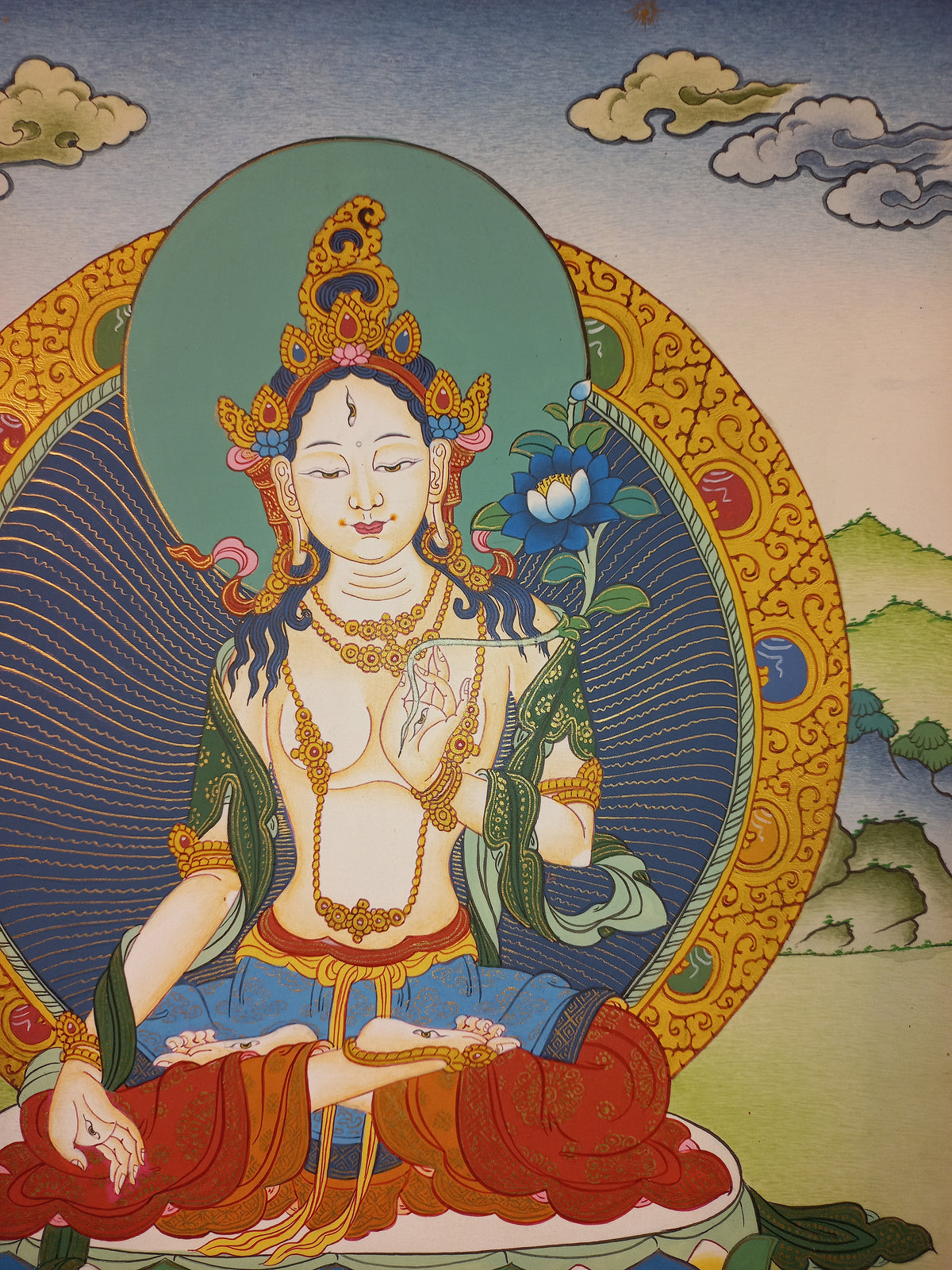 White Tara Thangka – Hand-Painted Tibetan Buddhist Art | Compassion, Longevity & Peace Wall Decor