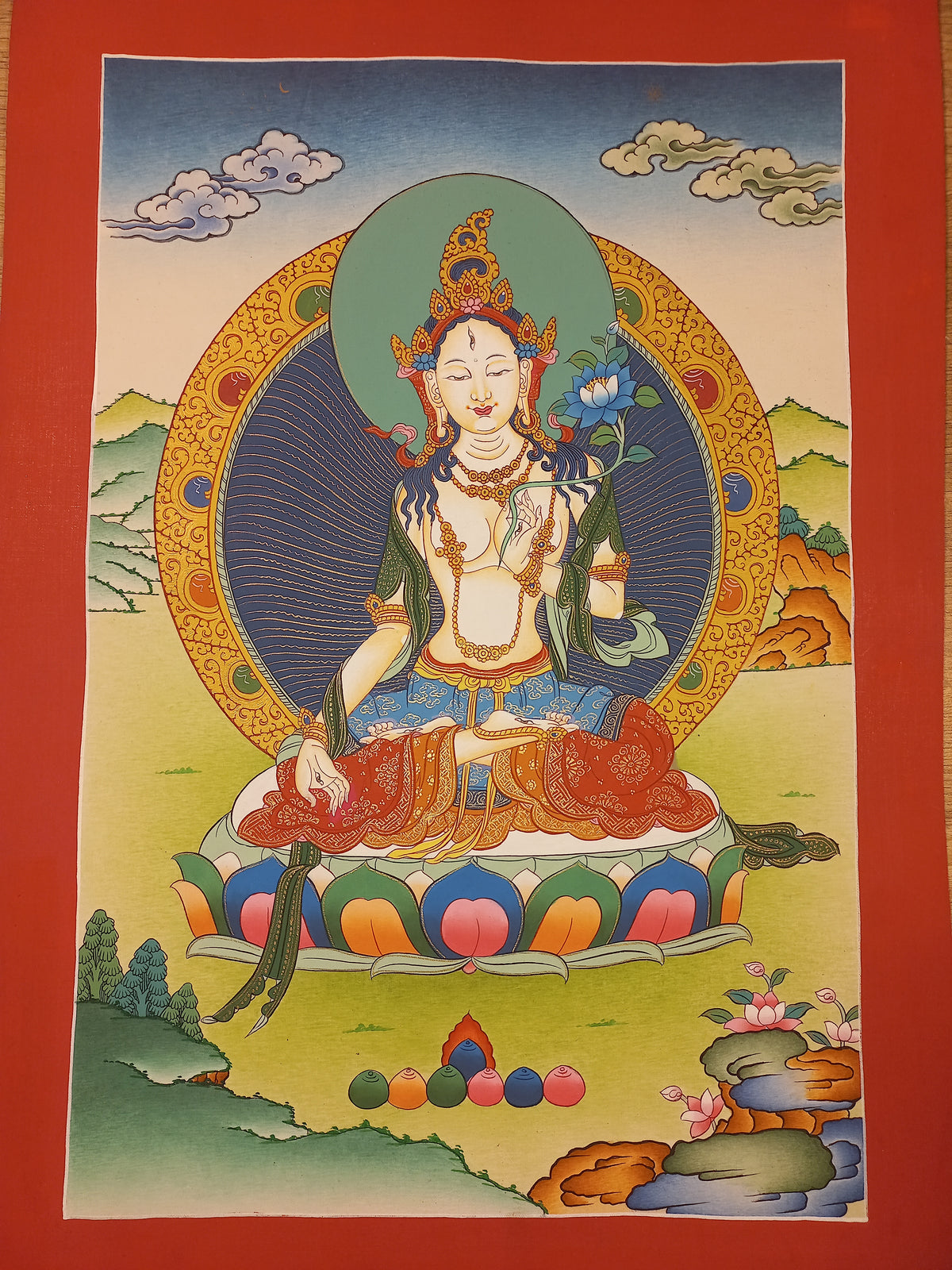 White Tara Thangka – Hand-Painted Tibetan Buddhist Art | Compassion, Longevity & Peace Wall Decor