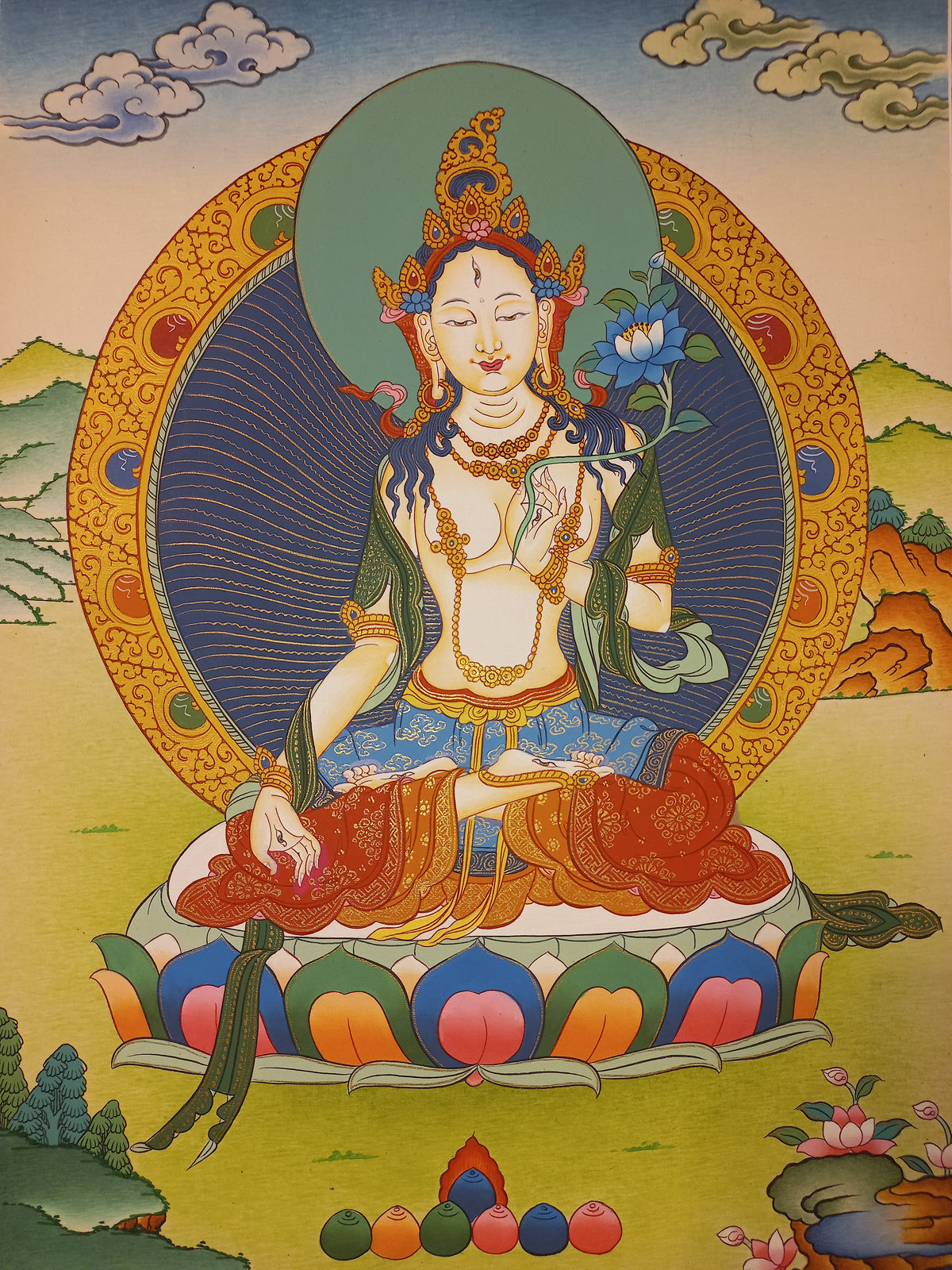 White Tara Thangka – Hand-Painted Tibetan Buddhist Art | Compassion, Longevity & Peace Wall Decor