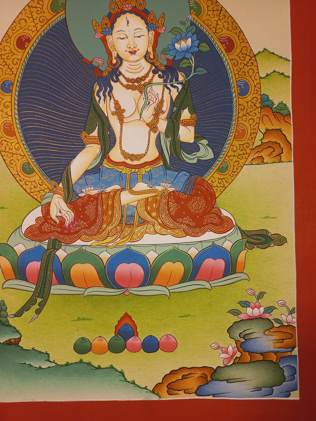 White Tara Thangka – Hand-Painted Tibetan Buddhist Art | Compassion, Longevity & Peace Wall Decor