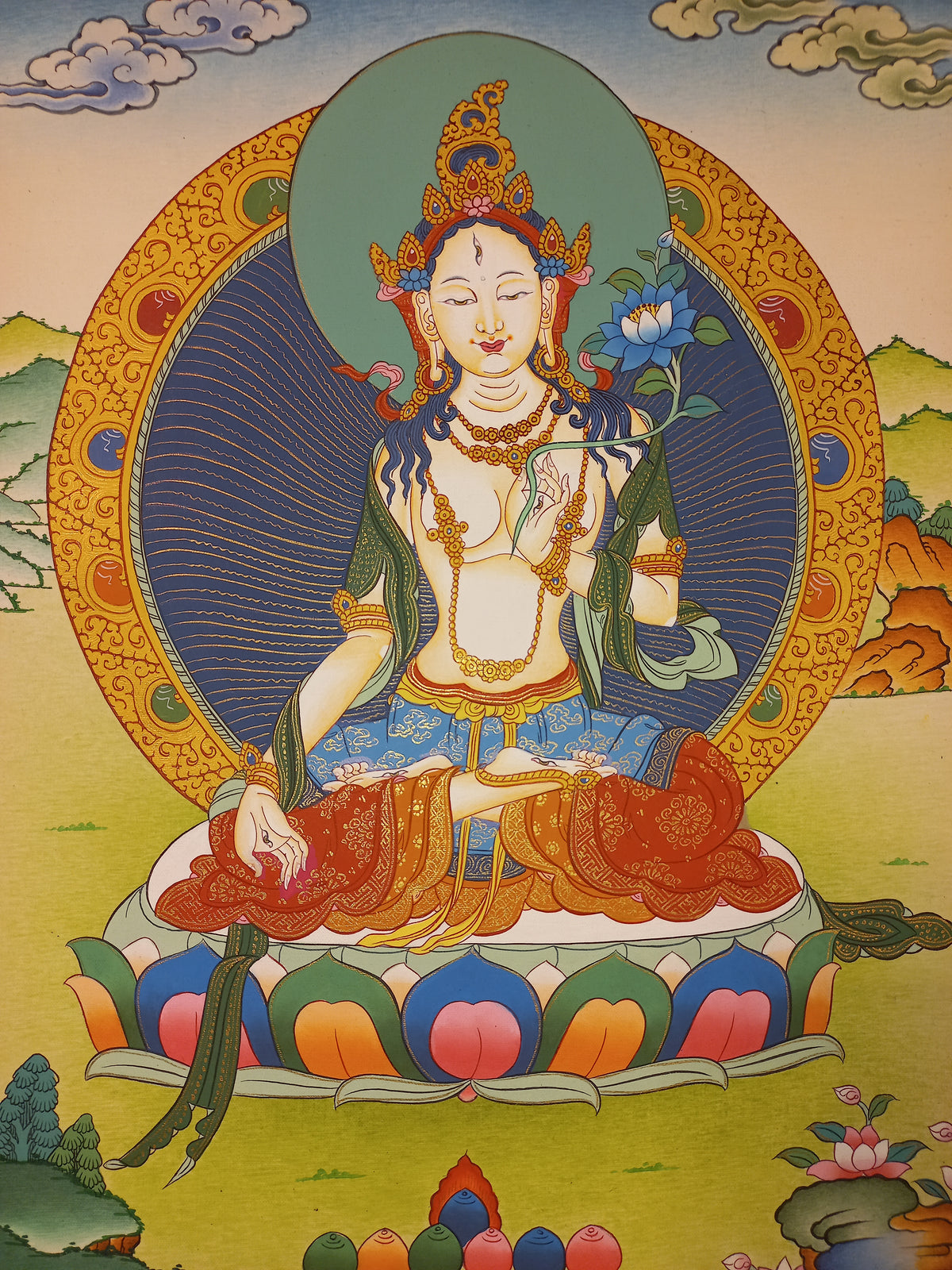White Tara Thangka – Hand-Painted Tibetan Buddhist Art | Compassion, Longevity & Peace Wall Decor