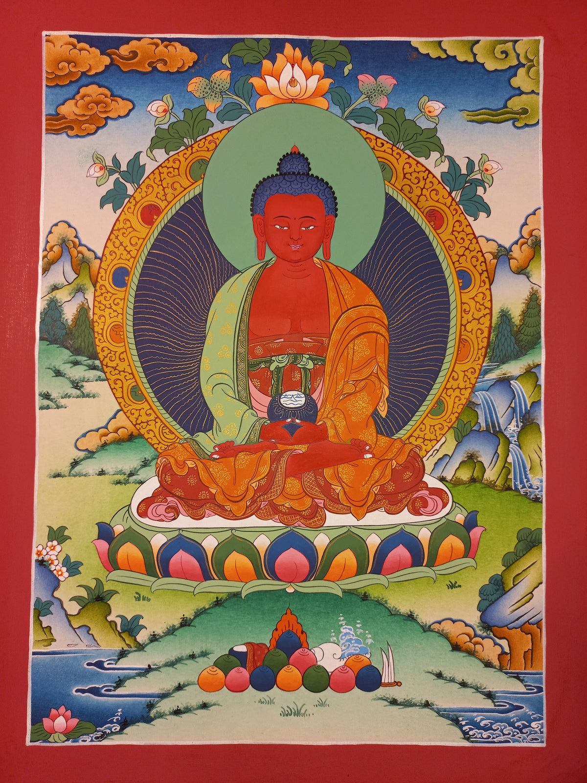 Amitabha Buddha Thangka Hand-Painted Tibetan Buddhist Art | Compassion, Pure Land & Meditation Wall Decor