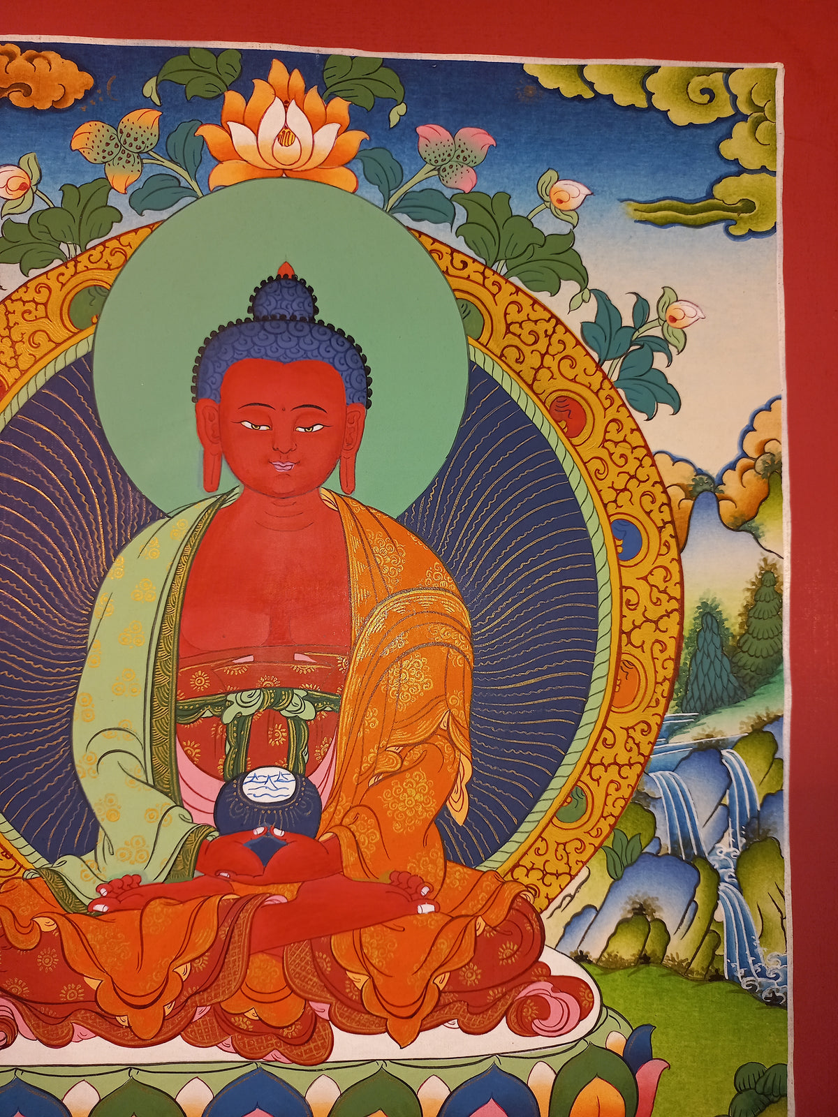 Amitabha Buddha Thangka Hand-Painted Tibetan Buddhist Art | Compassion, Pure Land & Meditation Wall Decor