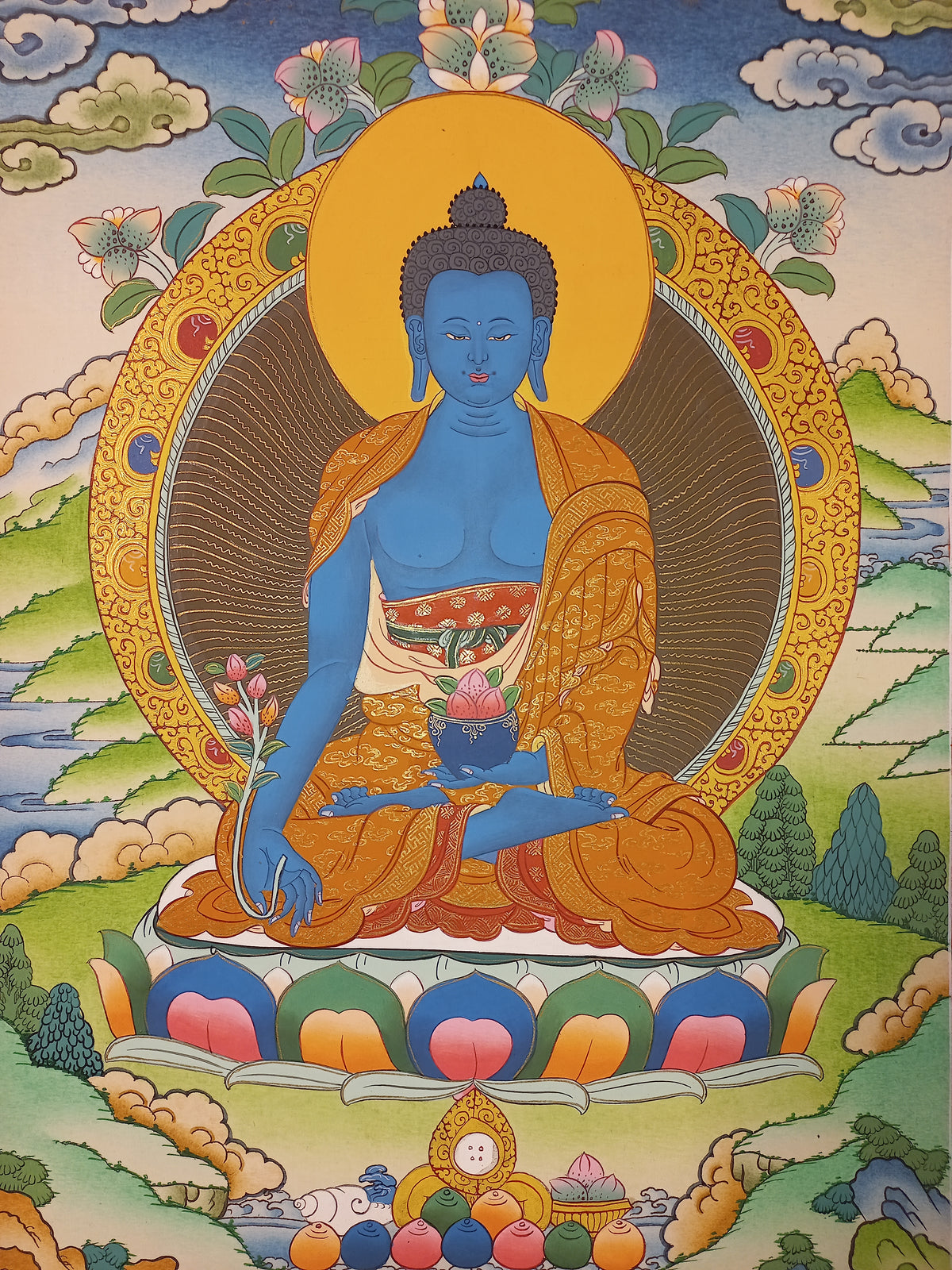 Medicine Buddha Thangka – Hand-Painted Tibetan Buddhist Art | Healing, Compassion & Meditation Wall Decor