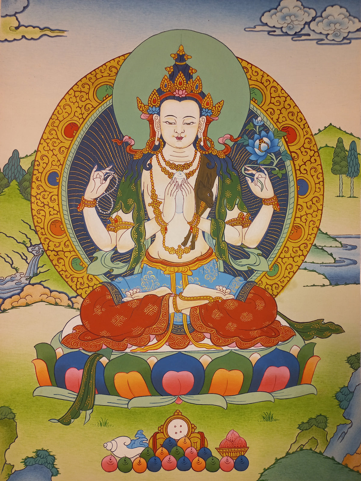 Chenrezig Thangka – Hand-Painted Tibetan Buddhist Art | Meditation & Protection Wall Decor