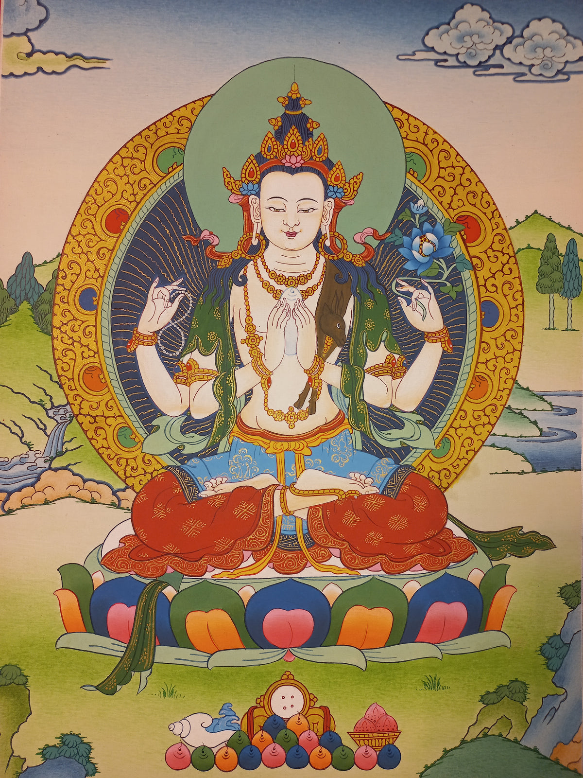 Chenrezig Thangka – Hand-Painted Tibetan Buddhist Art | Meditation & Protection Wall Decor