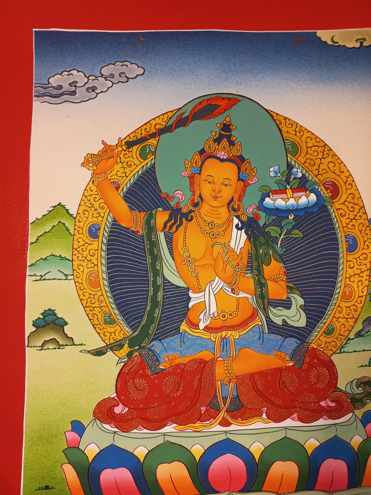 Manjushri Thangka – Hand-Painted Tibetan Buddhist Art | Meditation & Protection Wall Decor