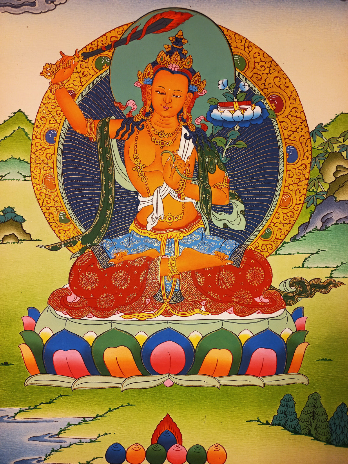 Manjushri Thangka – Hand-Painted Tibetan Buddhist Art | Meditation & Protection Wall Decor