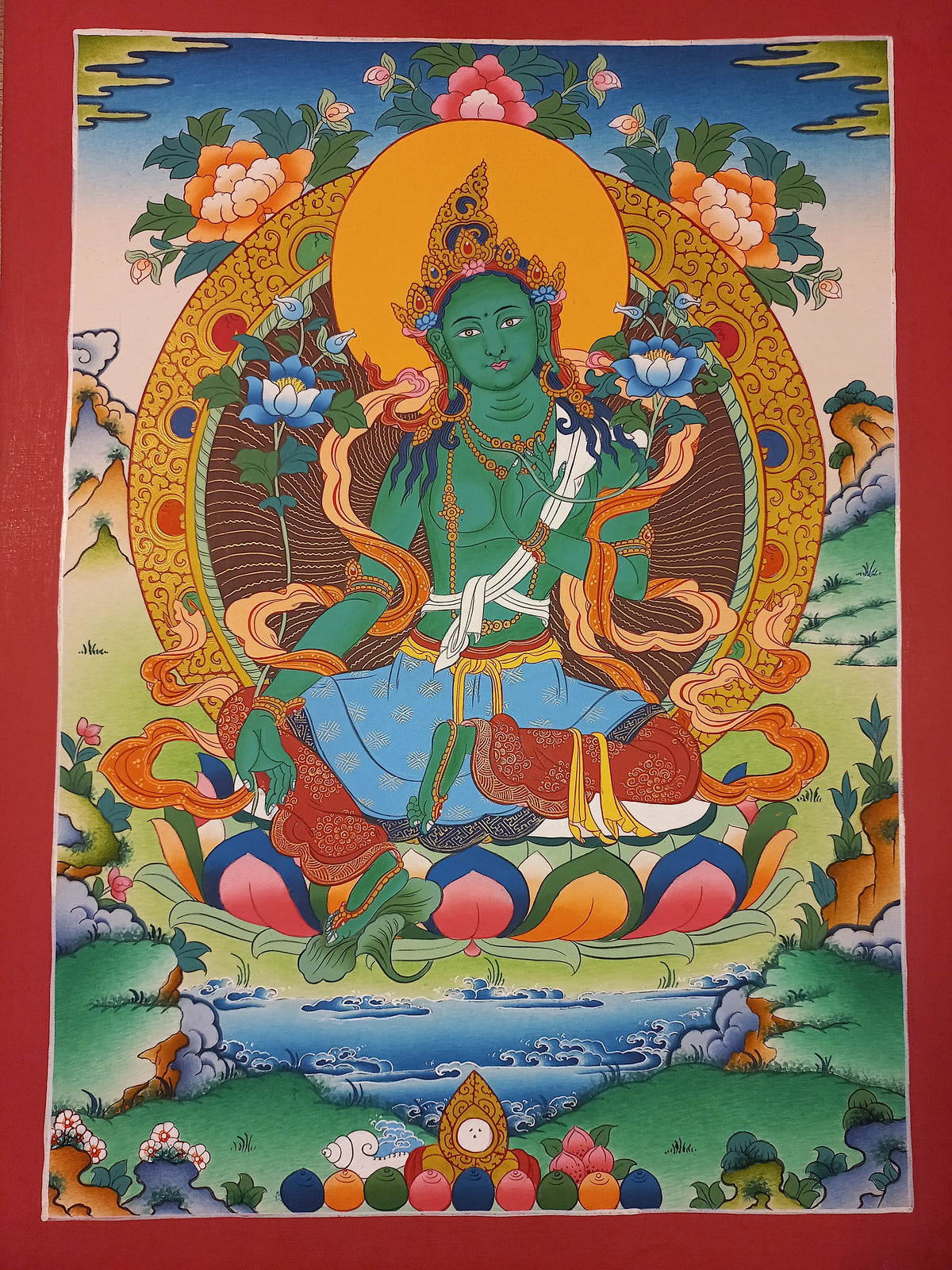 Green Tara Thangka – Hand-Painted Tibetan Buddhist Art | Meditation & Protection Wall Decor