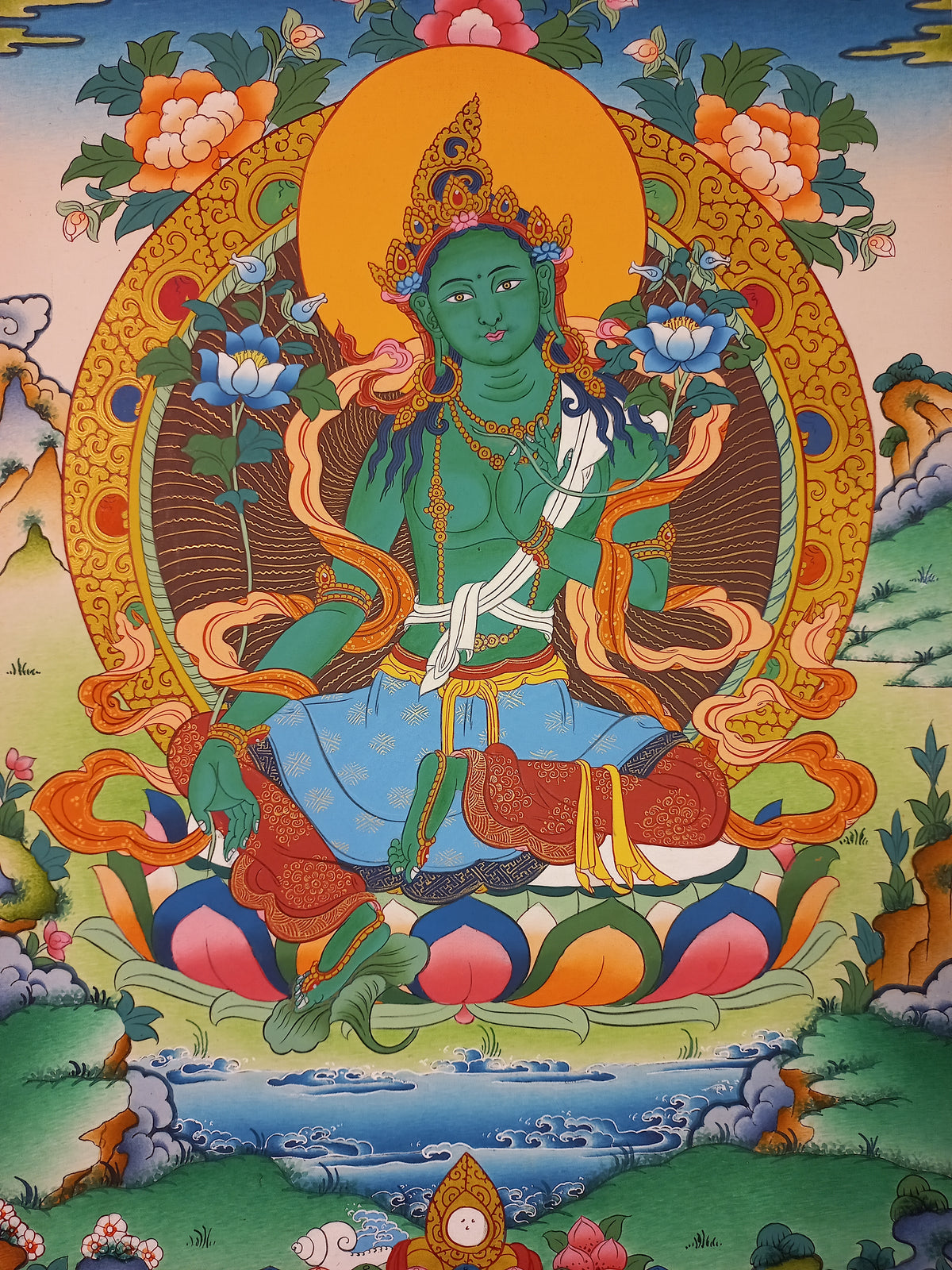 Green Tara Thangka – Hand-Painted Tibetan Buddhist Art | Meditation & Protection Wall Decor