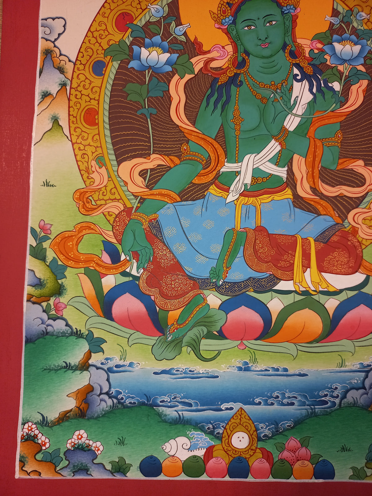 Green Tara Thangka – Hand-Painted Tibetan Buddhist Art | Meditation & Protection Wall Decor