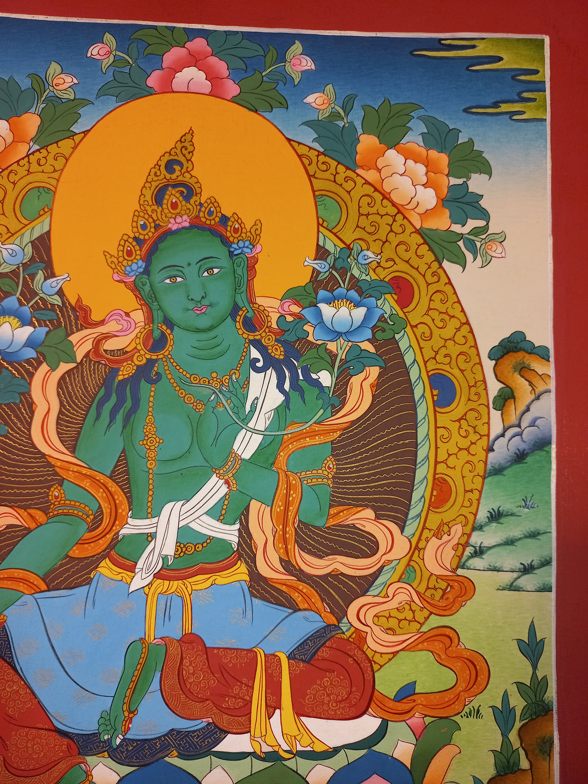 Green Tara Thangka – Hand-Painted Tibetan Buddhist Art | Meditation & Protection Wall Decor