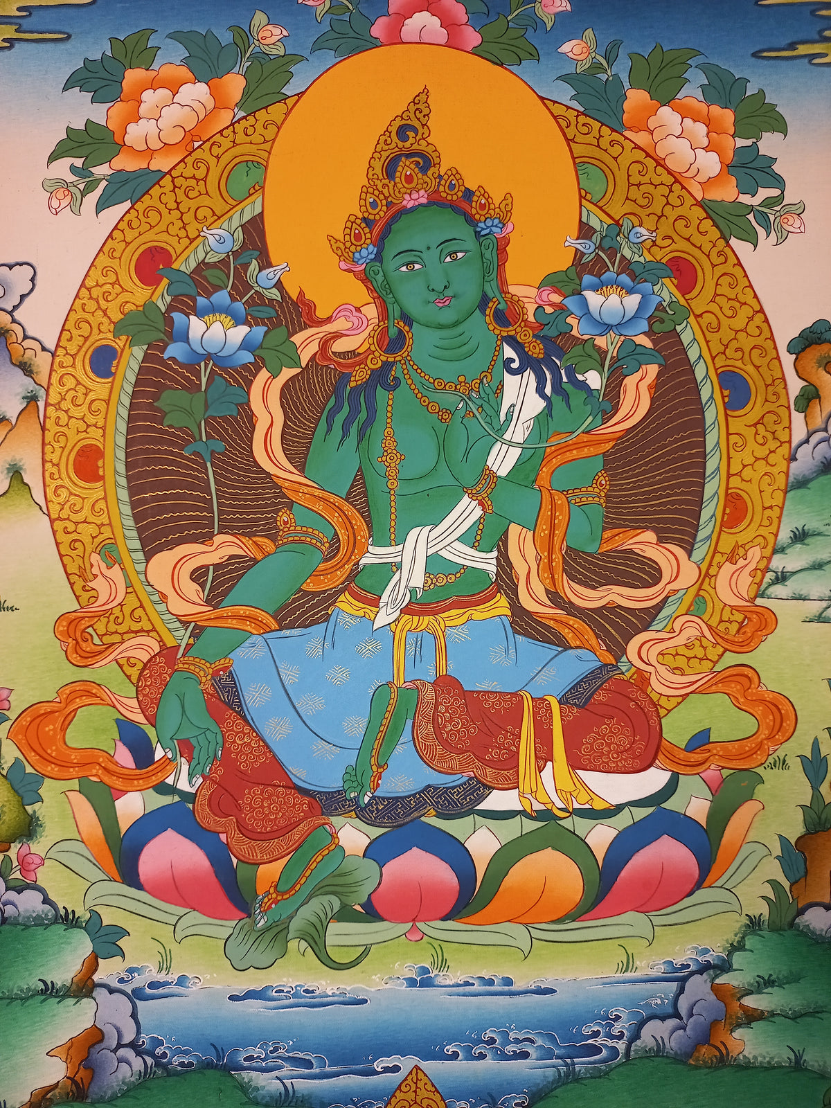 Green Tara Thangka – Hand-Painted Tibetan Buddhist Art | Meditation & Protection Wall Decor