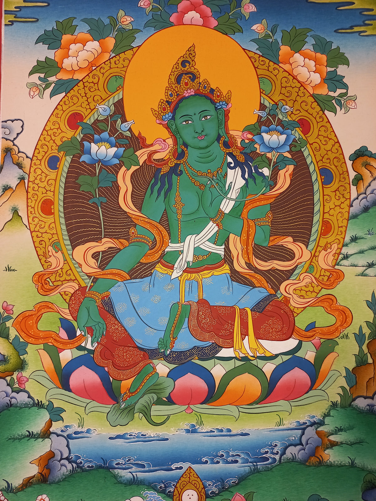 Green Tara Thangka – Hand-Painted Tibetan Buddhist Art | Meditation & Protection Wall Decor