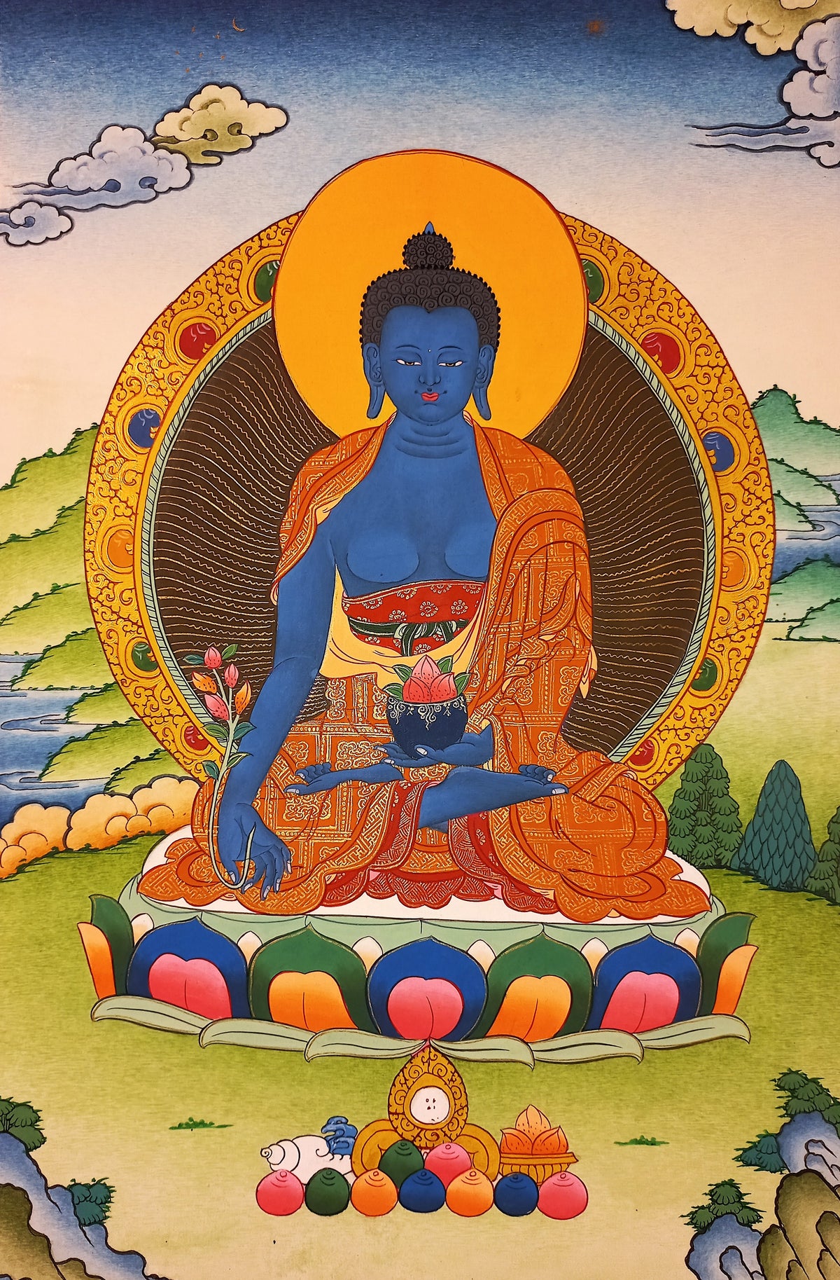 Medicine Buddha Thangka – Hand-Painted Tibetan Buddhist Art | Healing, Compassion & Meditation Wall Decor