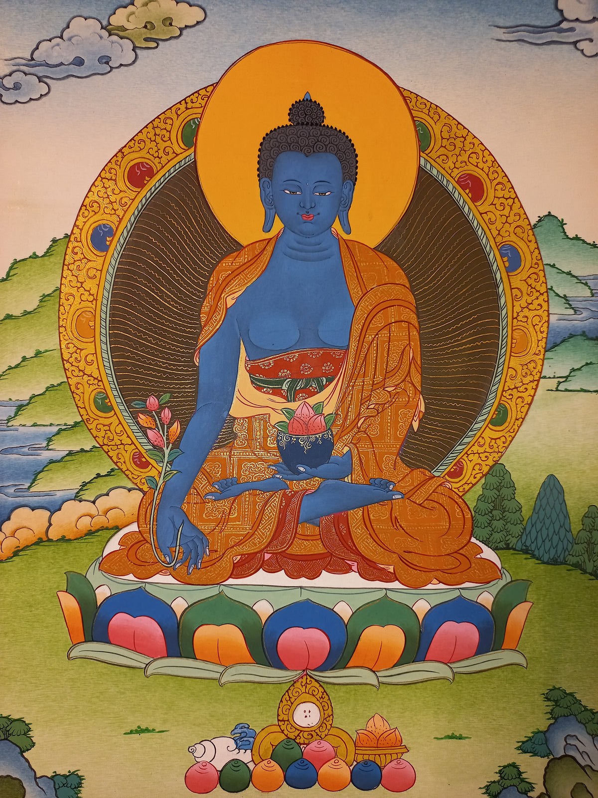 Medicine Buddha Thangka – Hand-Painted Tibetan Buddhist Art | Healing, Compassion & Meditation Wall Decor