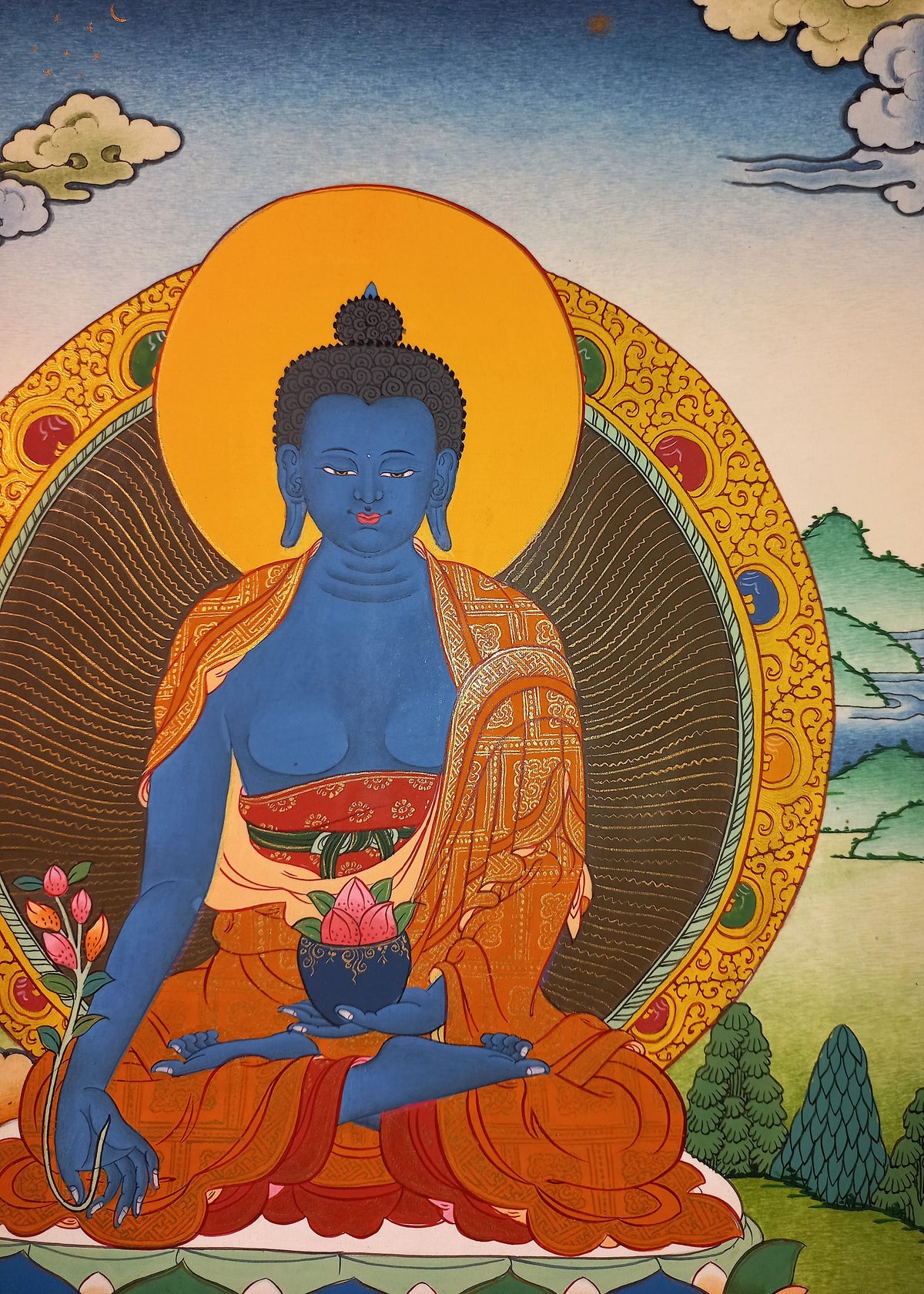 Medicine Buddha Thangka – Hand-Painted Tibetan Buddhist Art | Healing, Compassion & Meditation Wall Decor