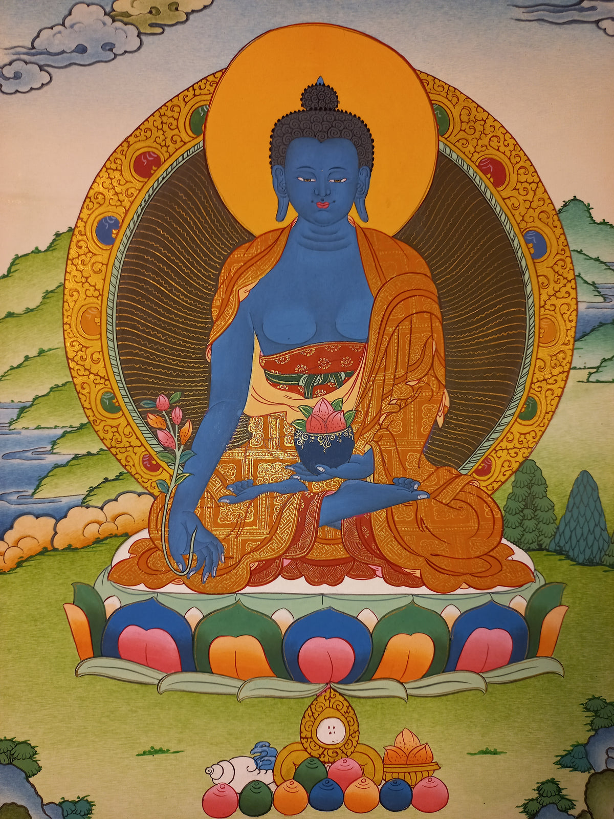 Medicine Buddha Thangka – Hand-Painted Tibetan Buddhist Art | Healing, Compassion & Meditation Wall Decor