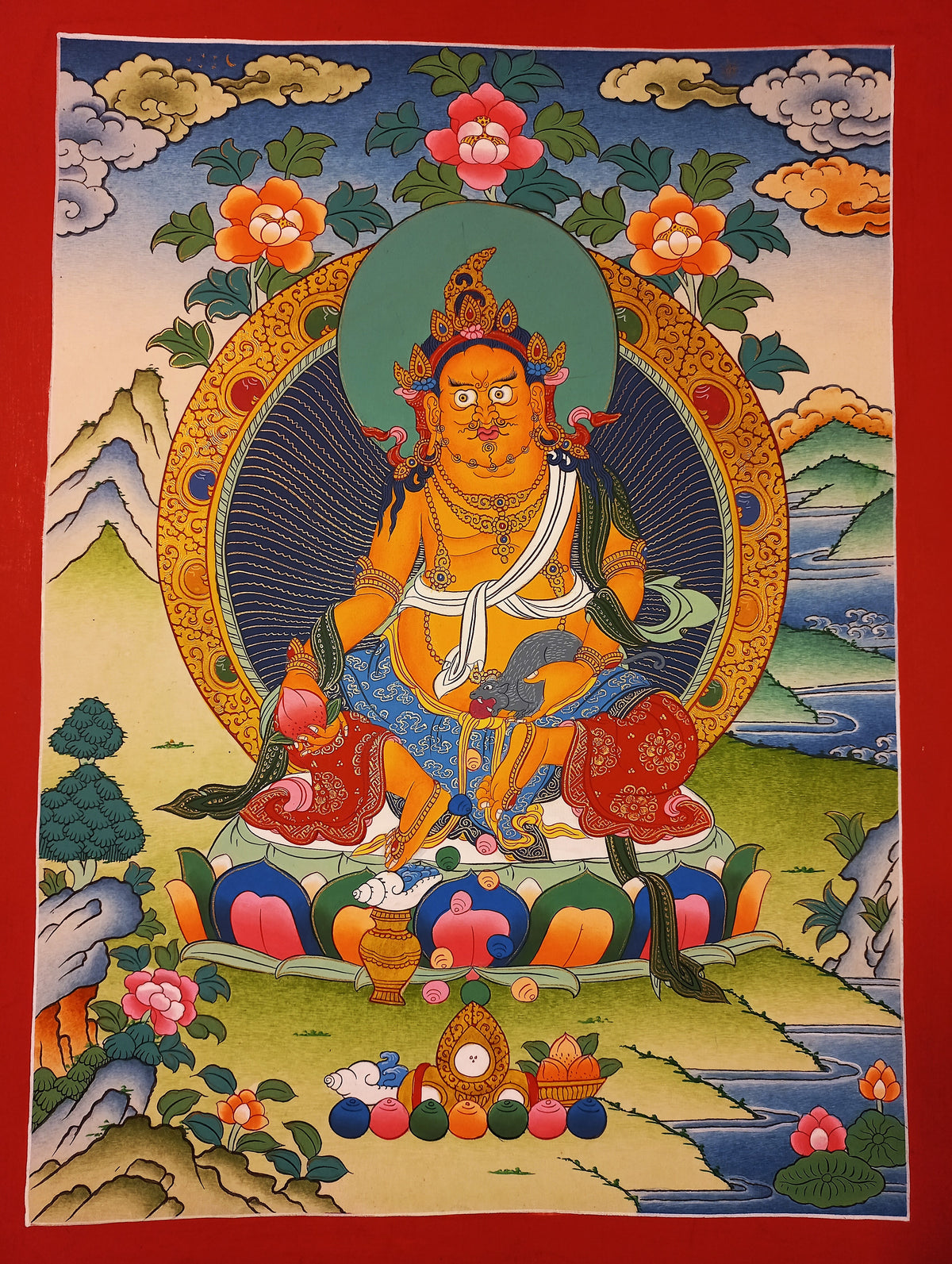 Jambhala Thangka – Hand-Painted Tibetan Buddhist Art | Wealth, Prosperity &amp; Protection Wall Decor