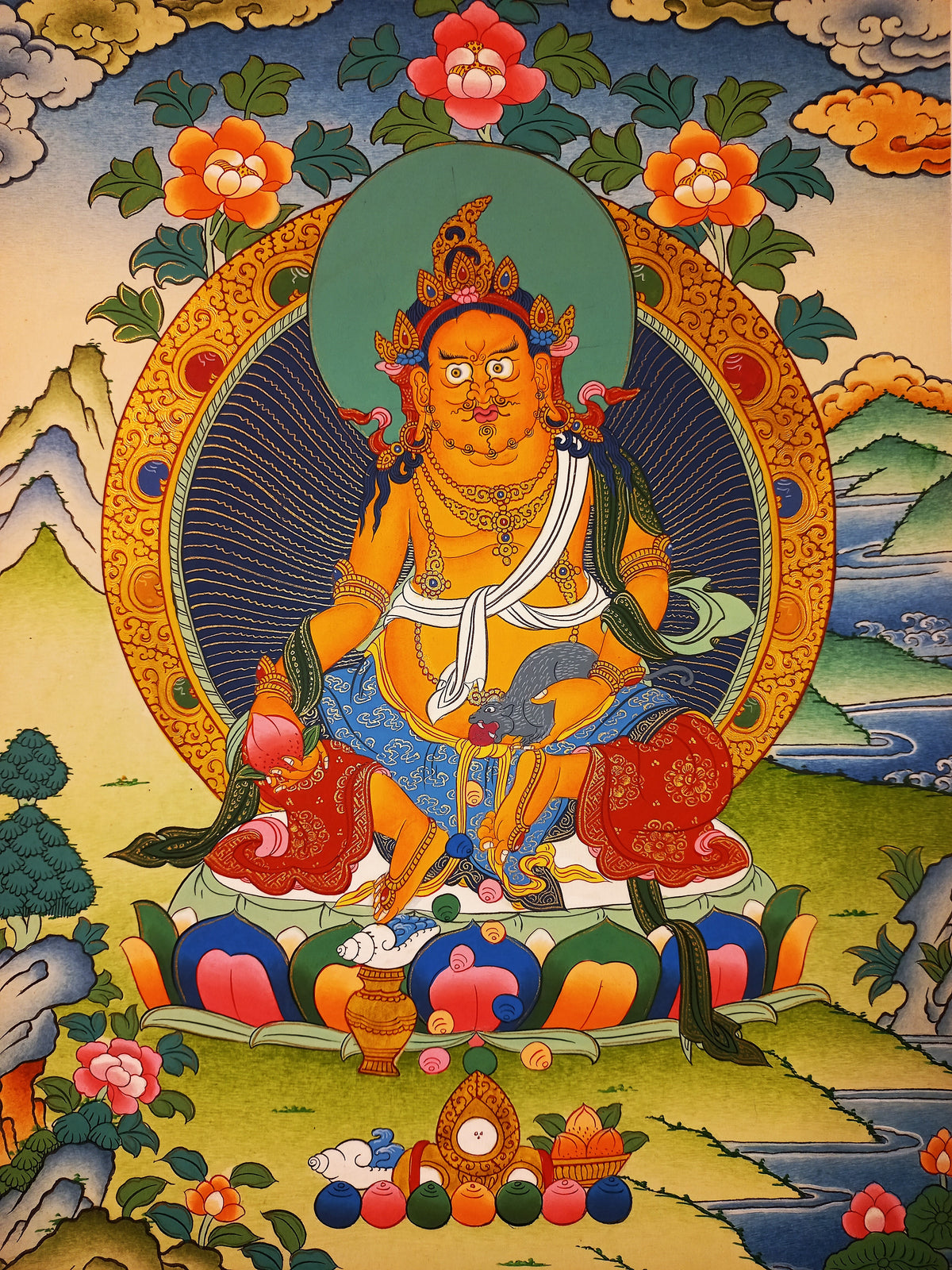 Jambhala Thangka – Hand-Painted Tibetan Buddhist Art | Wealth, Prosperity &amp; Protection Wall Decor
