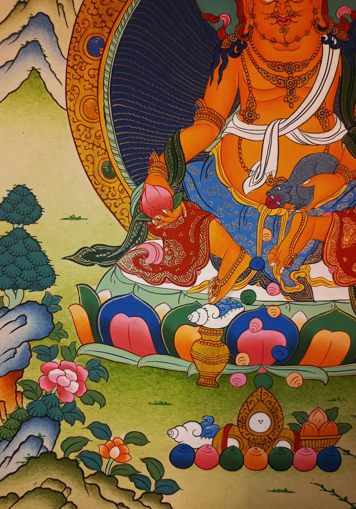 Jambhala Thangka – Hand-Painted Tibetan Buddhist Art | Wealth, Prosperity &amp; Protection Wall Decor