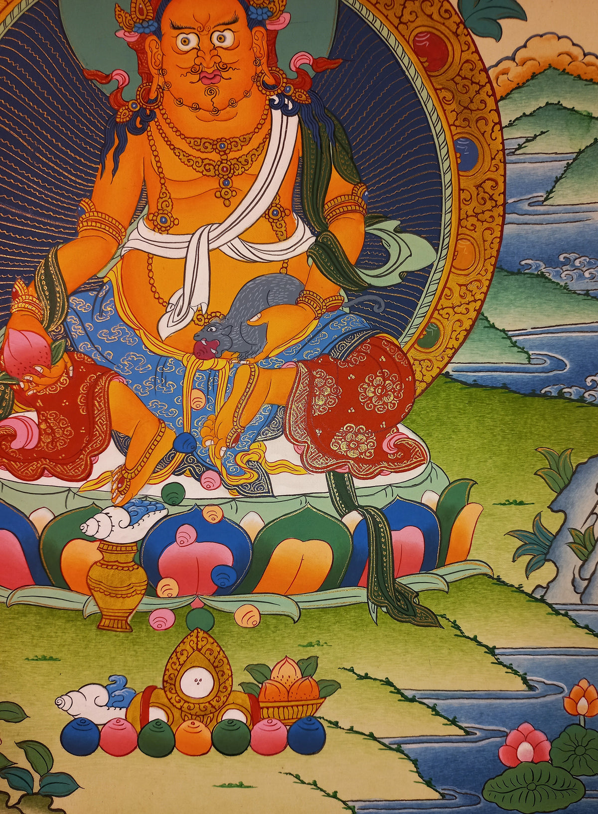 Jambhala Thangka – Hand-Painted Tibetan Buddhist Art | Wealth, Prosperity &amp; Protection Wall Decor