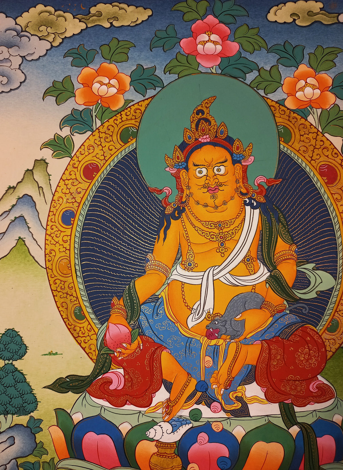 Jambhala Thangka – Hand-Painted Tibetan Buddhist Art | Wealth, Prosperity &amp; Protection Wall Decor