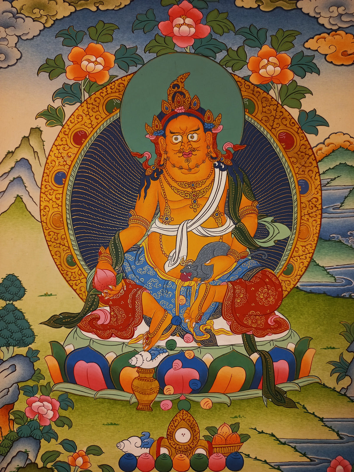 Jambhala Thangka – Hand-Painted Tibetan Buddhist Art | Wealth, Prosperity &amp; Protection Wall Decor