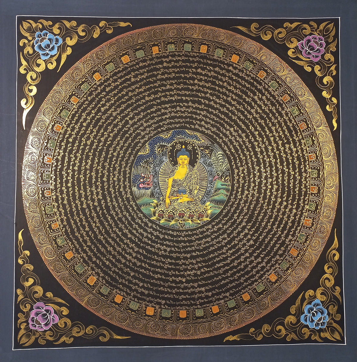 Shakyamuni Buddha Buddha Mantra Mandala | Hand-Painted Fine Thangka | Sacred Buddhist Art from Nepal