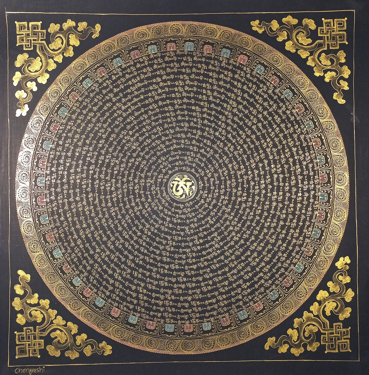Chenrezig  Mantra Mandala | Hand-Painted Fine Thangka | Sacred Buddhist Art from Nepal