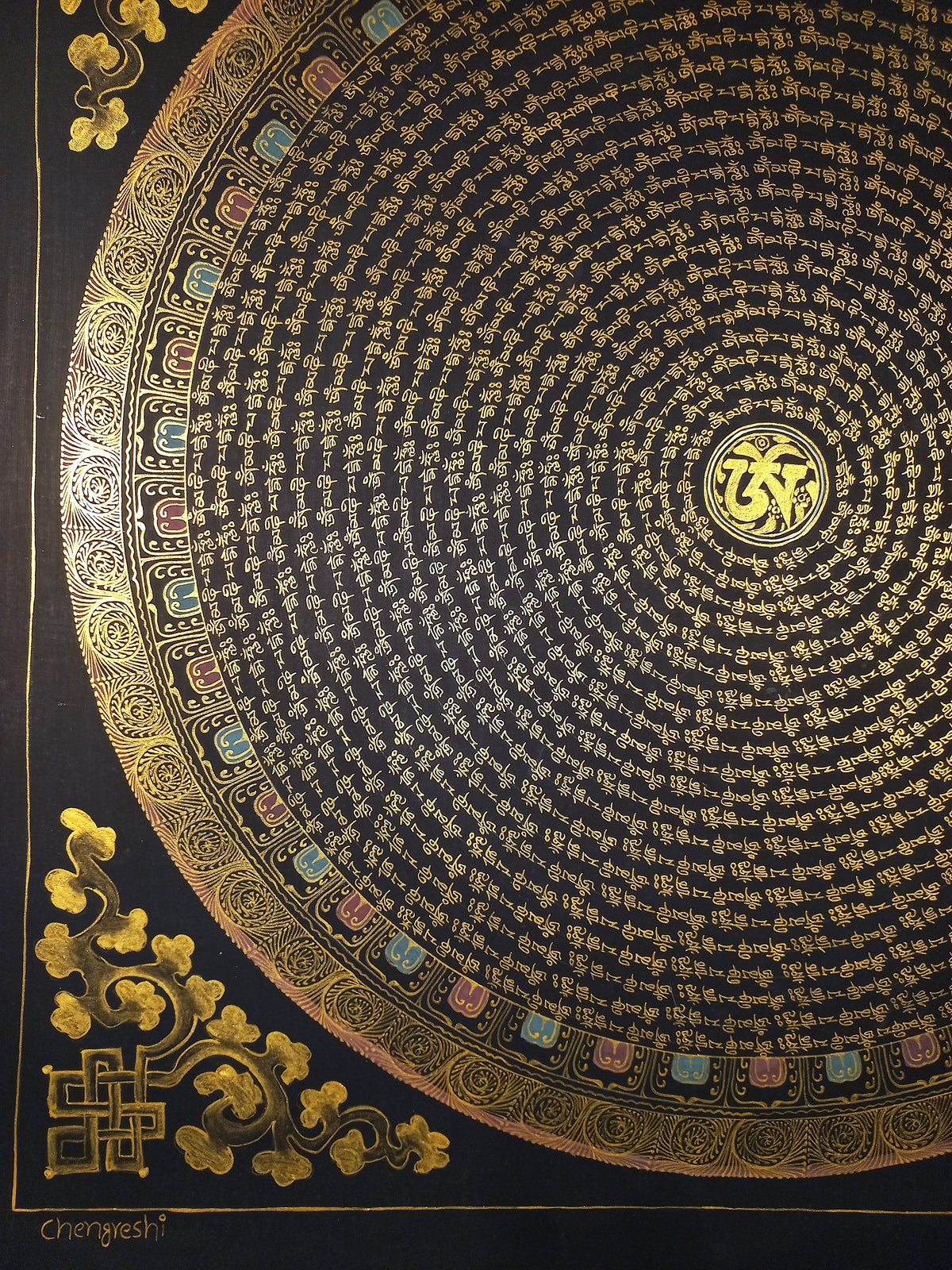 Chenrezig  Mantra Mandala | Hand-Painted Fine Thangka | Sacred Buddhist Art from Nepal