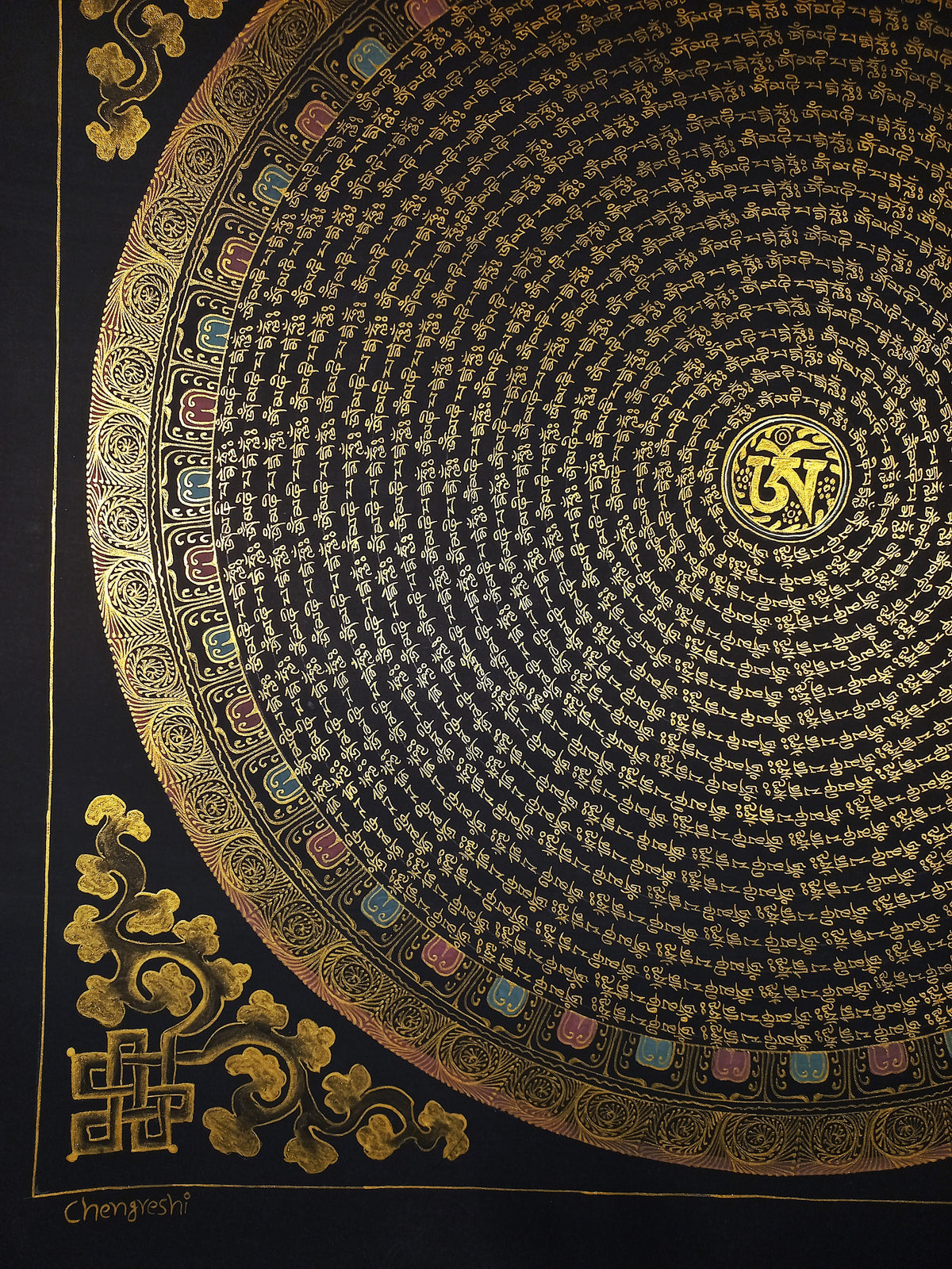 Chenrezig  Mantra Mandala | Hand-Painted Fine Thangka | Sacred Buddhist Art from Nepal
