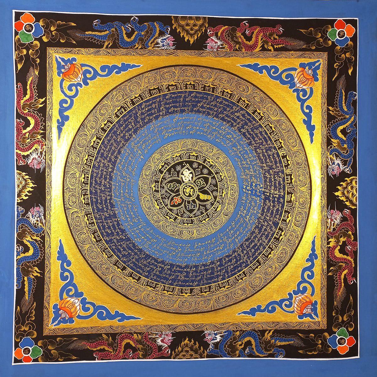Hand-Painted Om Mantra Mandala Thangka with Dragon Surrounding Design | Traditional Buddhist Art from Nepal