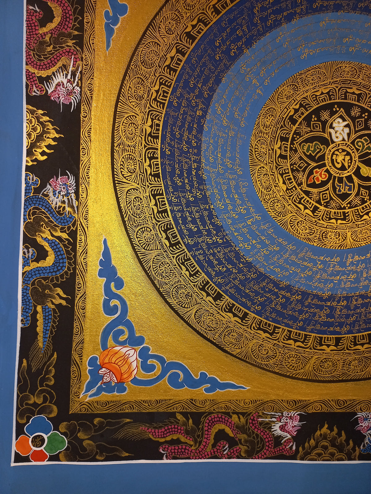 Hand-Painted Om Mantra Mandala Thangka with Dragon Surrounding Design | Traditional Buddhist Art from Nepal