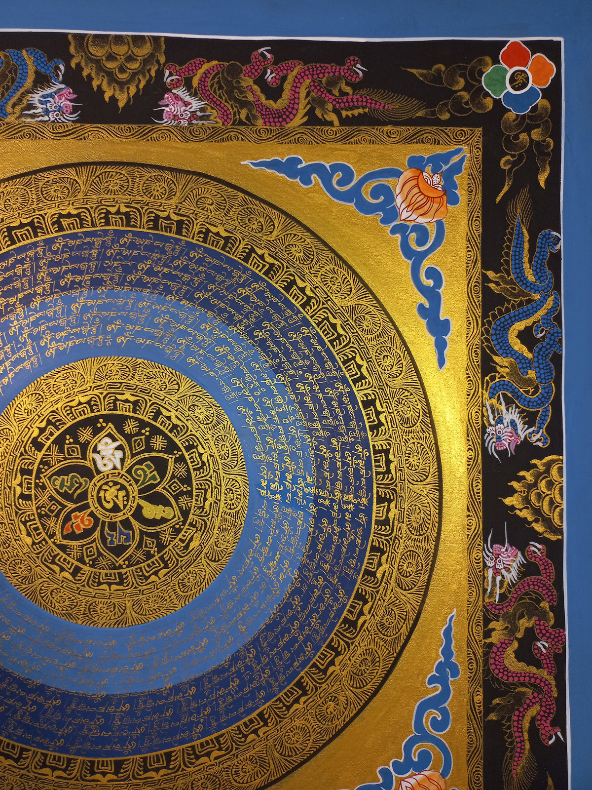 Hand-Painted Om Mantra Mandala Thangka with Dragon Surrounding Design | Traditional Buddhist Art from Nepal