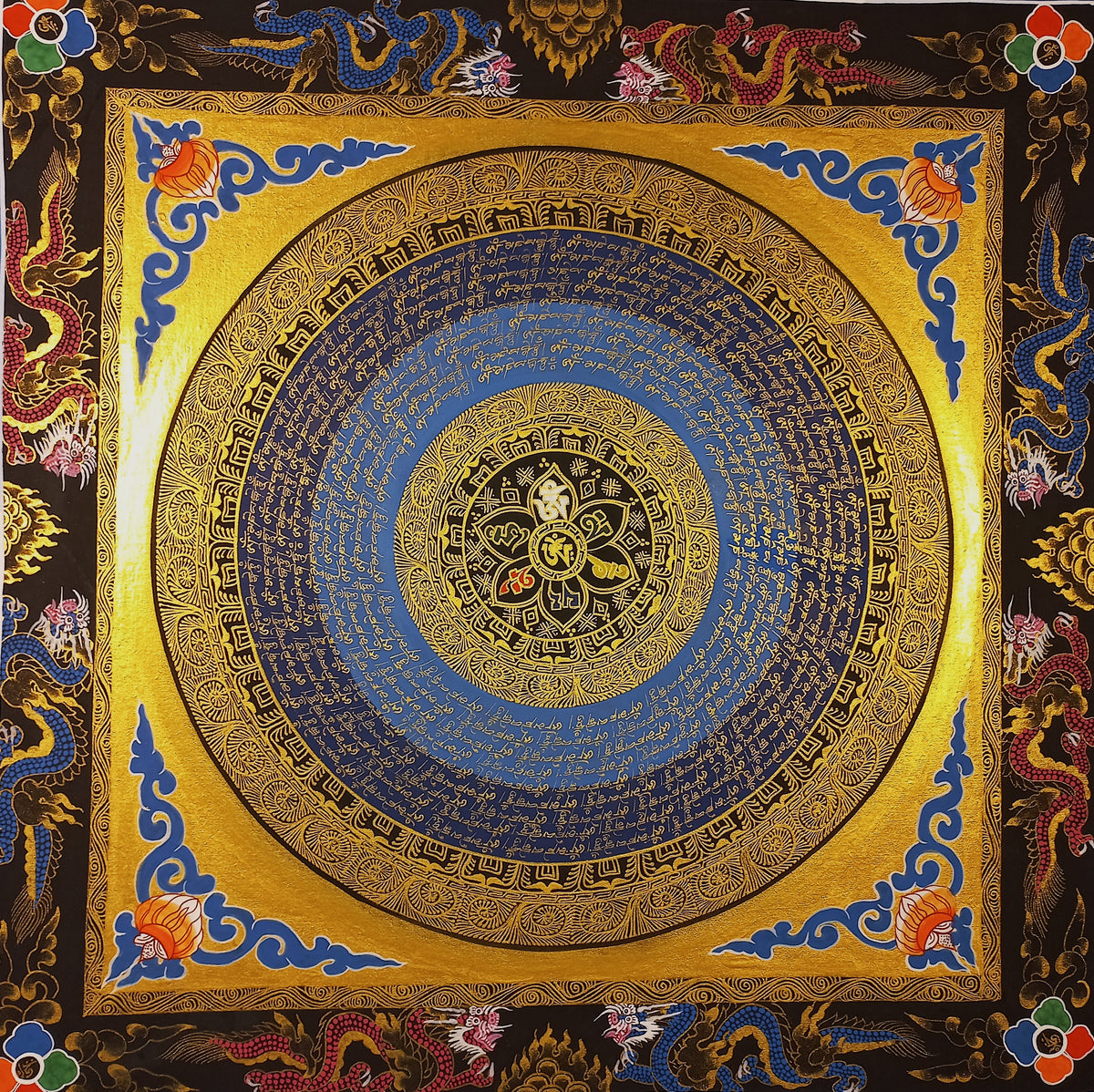 Hand-Painted Om Mantra Mandala Thangka with Dragon Surrounding Design | Traditional Buddhist Art from Nepal