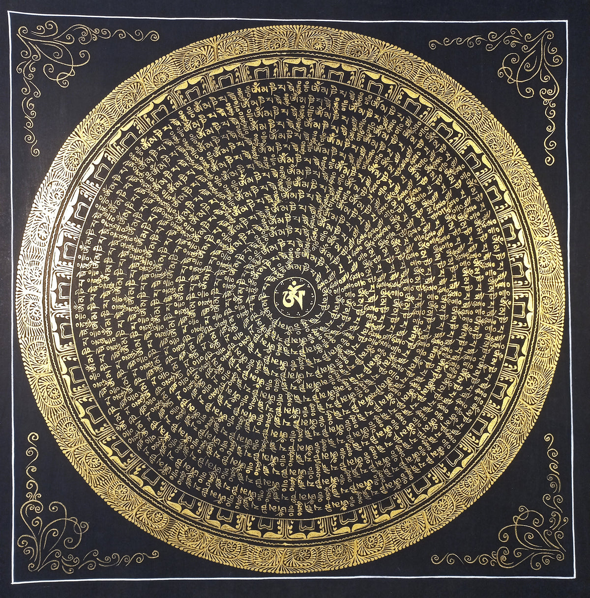 Hand-Painted Om Mantra Mandala Thangka