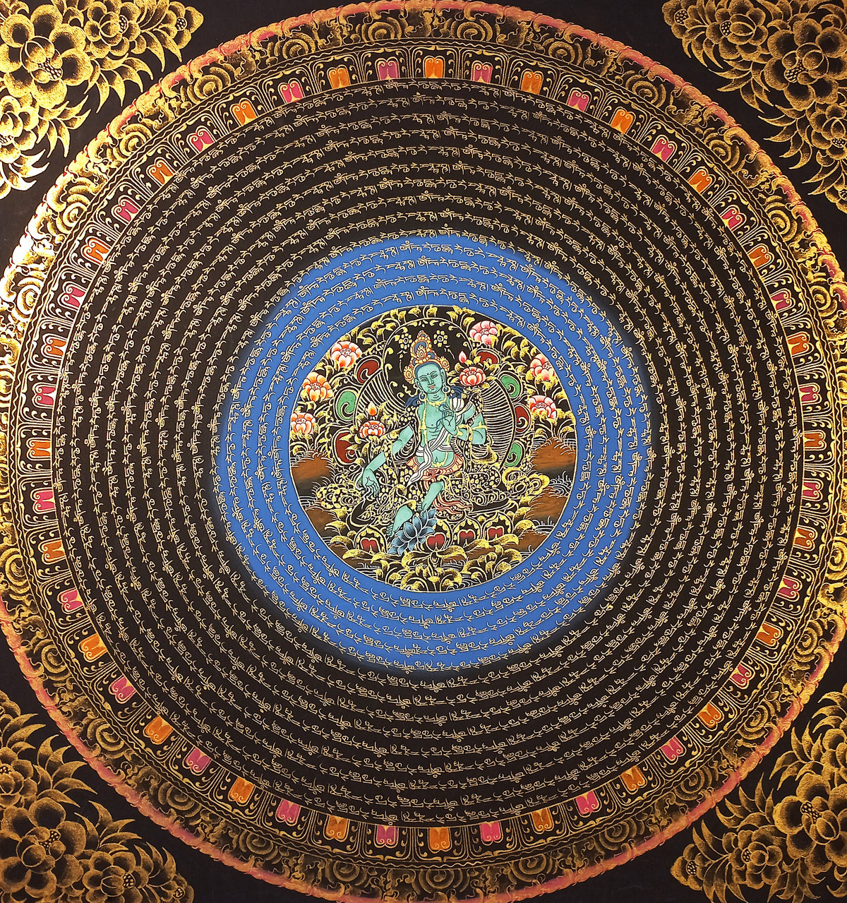 Green Tara Mantra Mandala | Hand-Painted Fine Thangka | Sacred Buddhist Art from Nepal