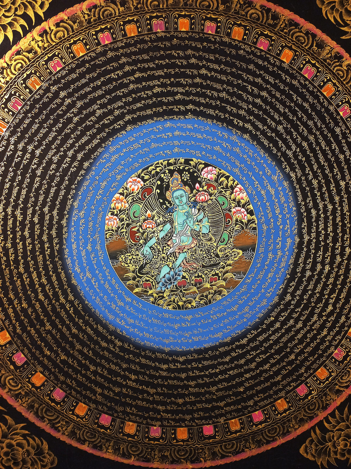 Green Tara Mantra Mandala | Hand-Painted Fine Thangka | Sacred Buddhist Art from Nepal