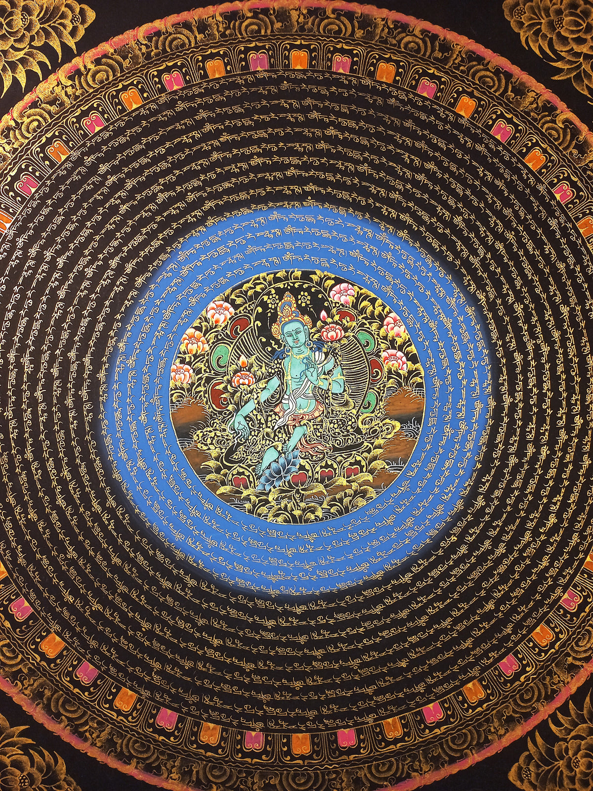 Green Tara Mantra Mandala | Hand-Painted Fine Thangka | Sacred Buddhist Art from Nepal