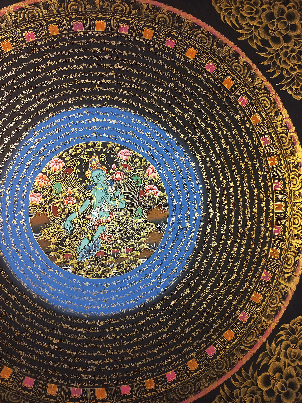 Green Tara Mantra Mandala | Hand-Painted Fine Thangka | Sacred Buddhist Art from Nepal