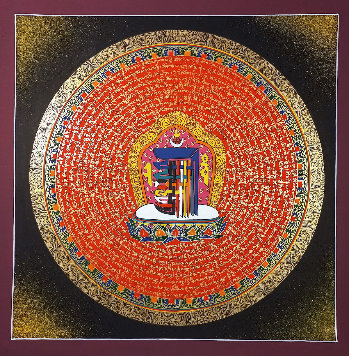 Kalachakra In Center Hand-Painted Om Mantra Mandala Thangka