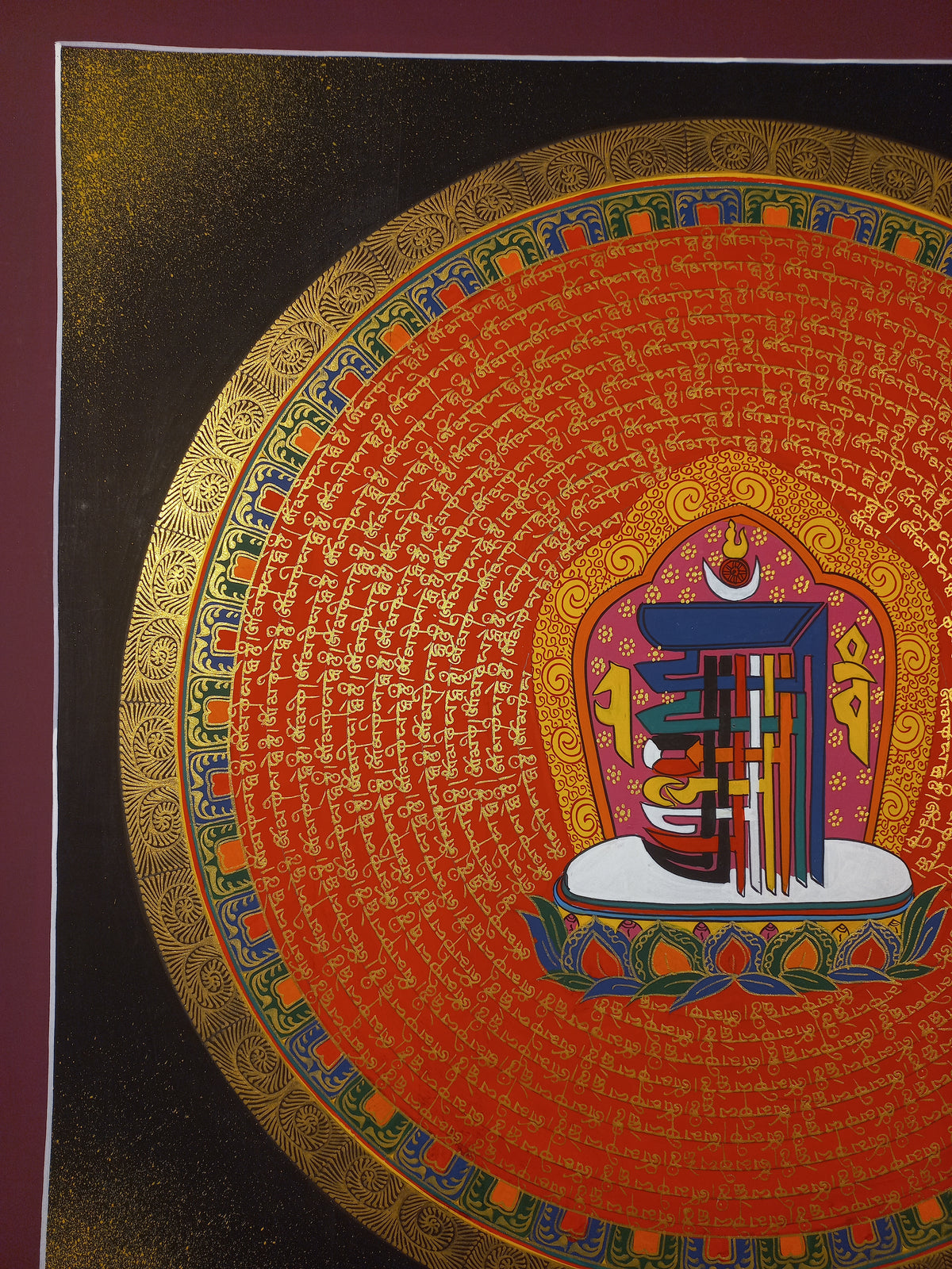 Kalachakra In Center Hand-Painted Om Mantra Mandala Thangka