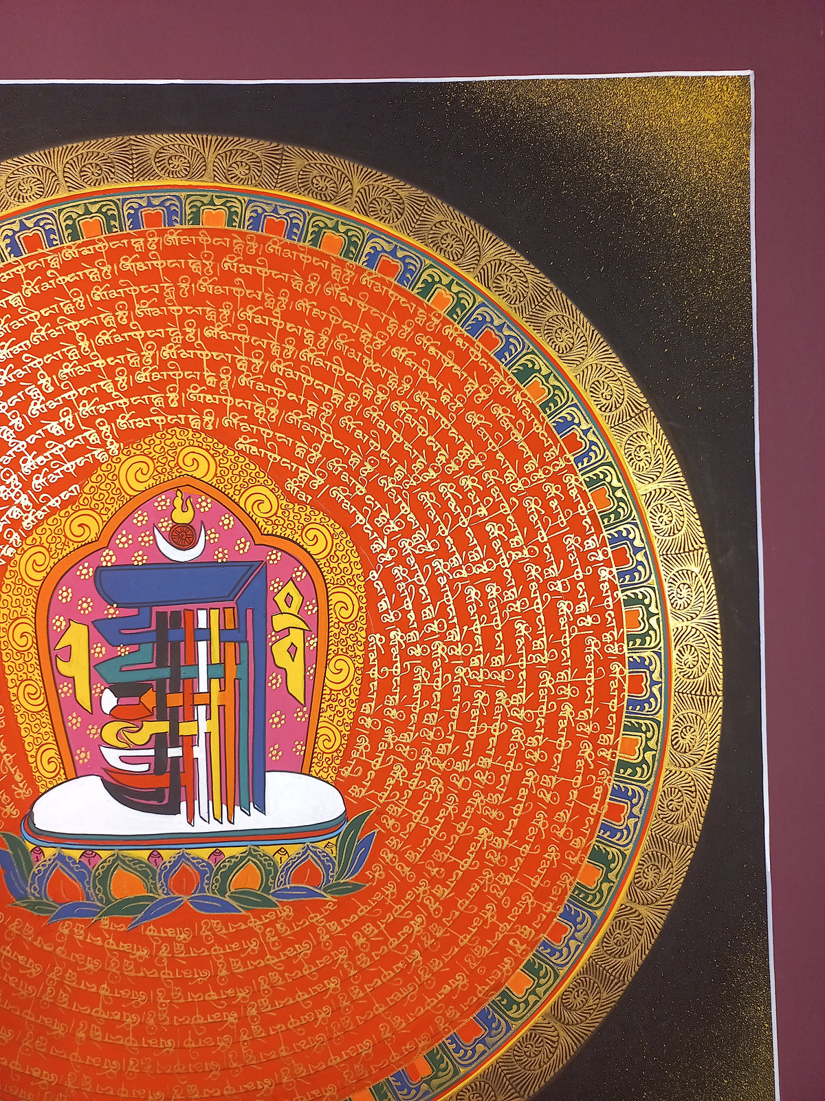 Kalachakra In Center Hand-Painted Om Mantra Mandala Thangka