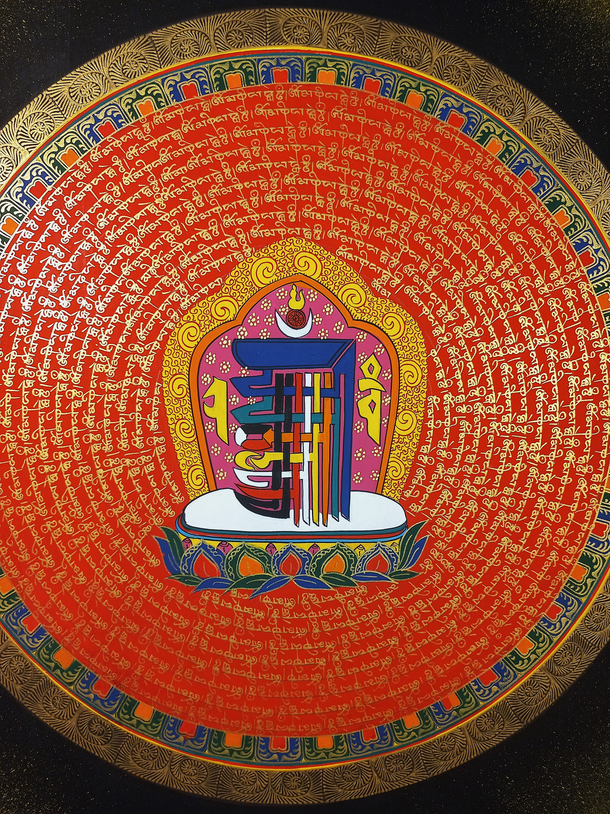 Kalachakra In Center Hand-Painted Om Mantra Mandala Thangka